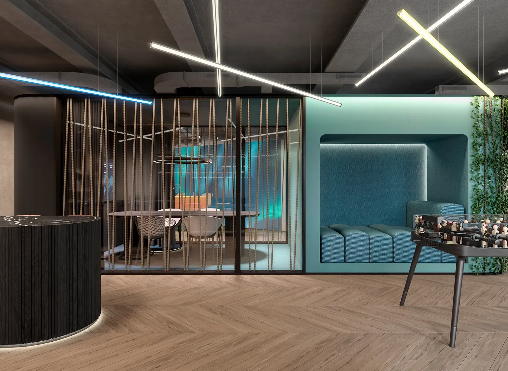 Modern office booth concept with ropes and ambient lighting at LUV Studio’s Urquinaona project.