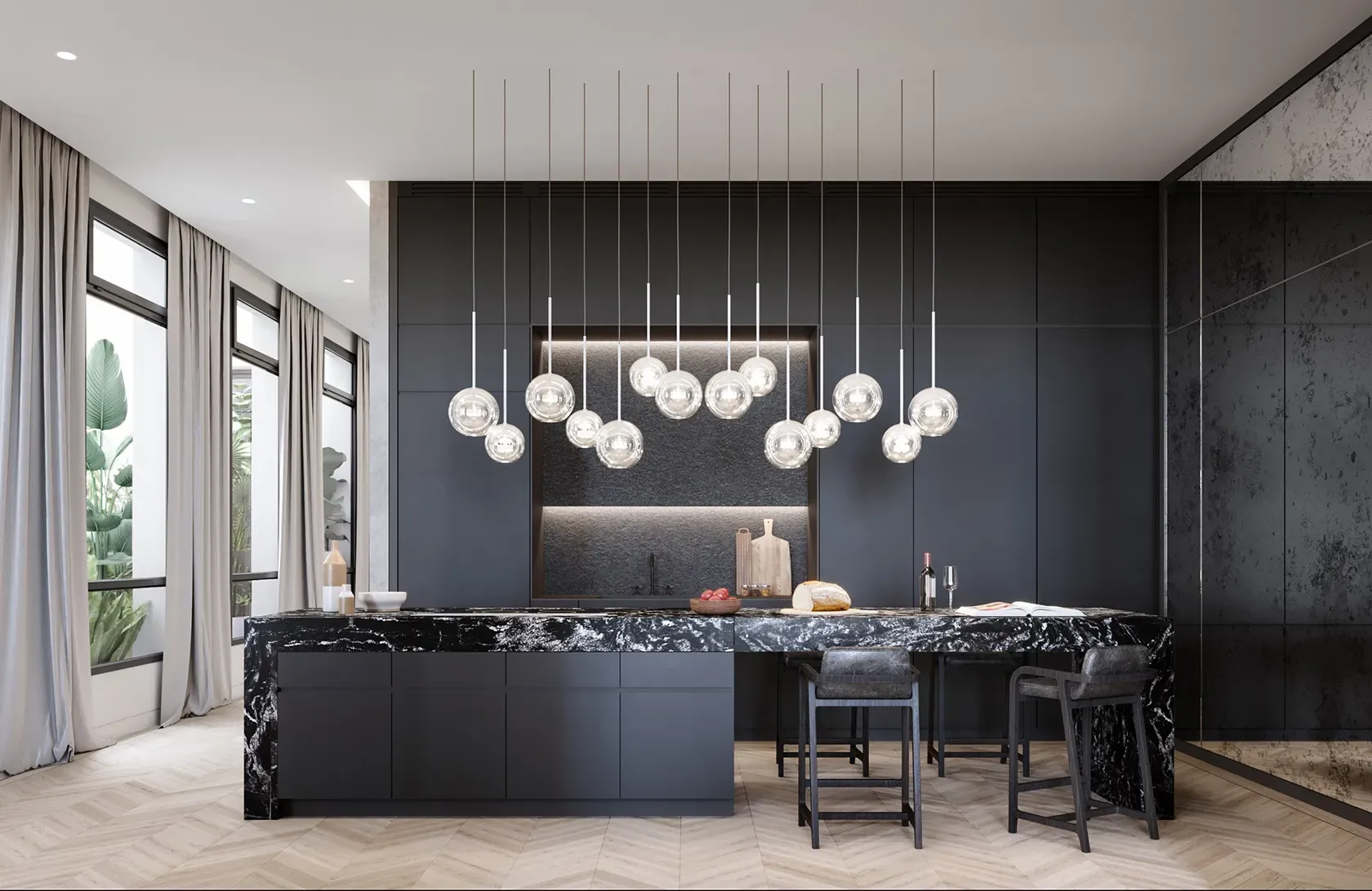 Sleek black kitchen island with globe pendant lights in a luxury architectural setting.