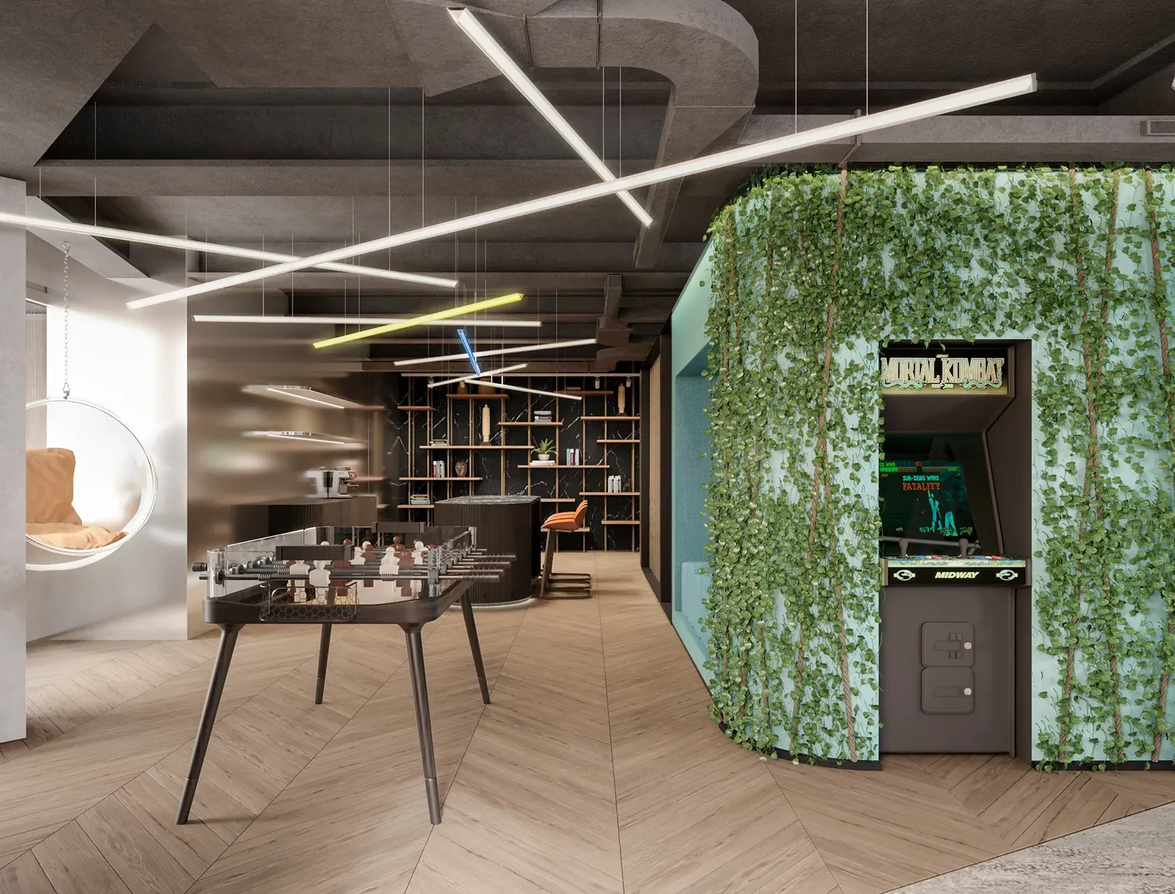 Playful office area featuring foosball table and arcade machine, designed by LUV Studio.