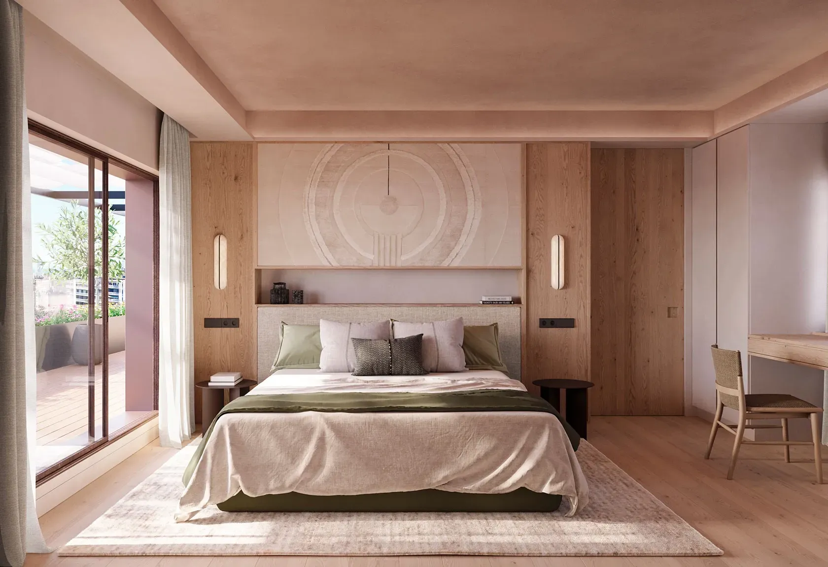 Master bedroom with refined architectural lines, earthy palette, and luxury finishes opening onto a sunny terrace.