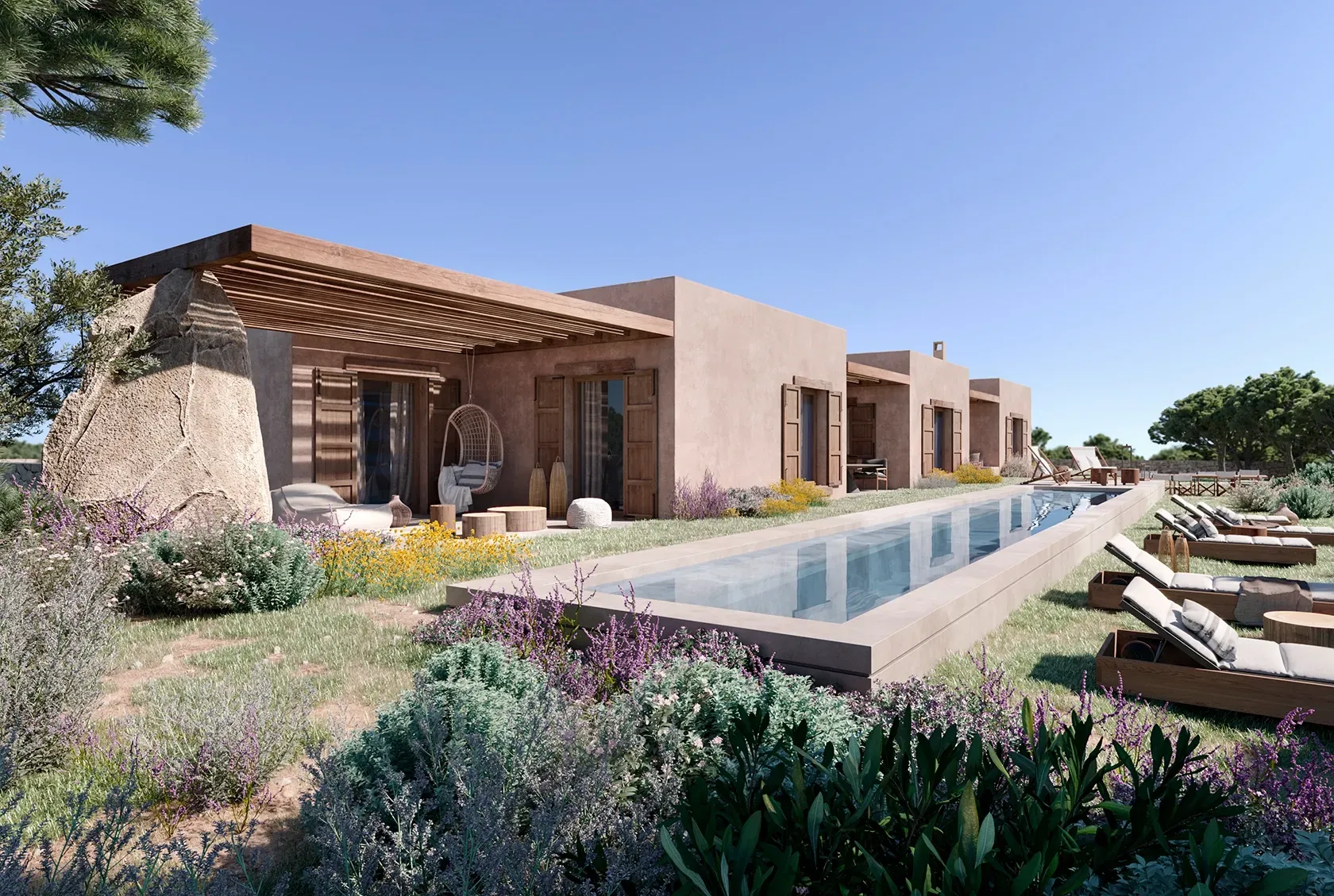 Exterior view of a luxury villa with natural materials and a linear pool surrounded by Mediterranean landscaping.