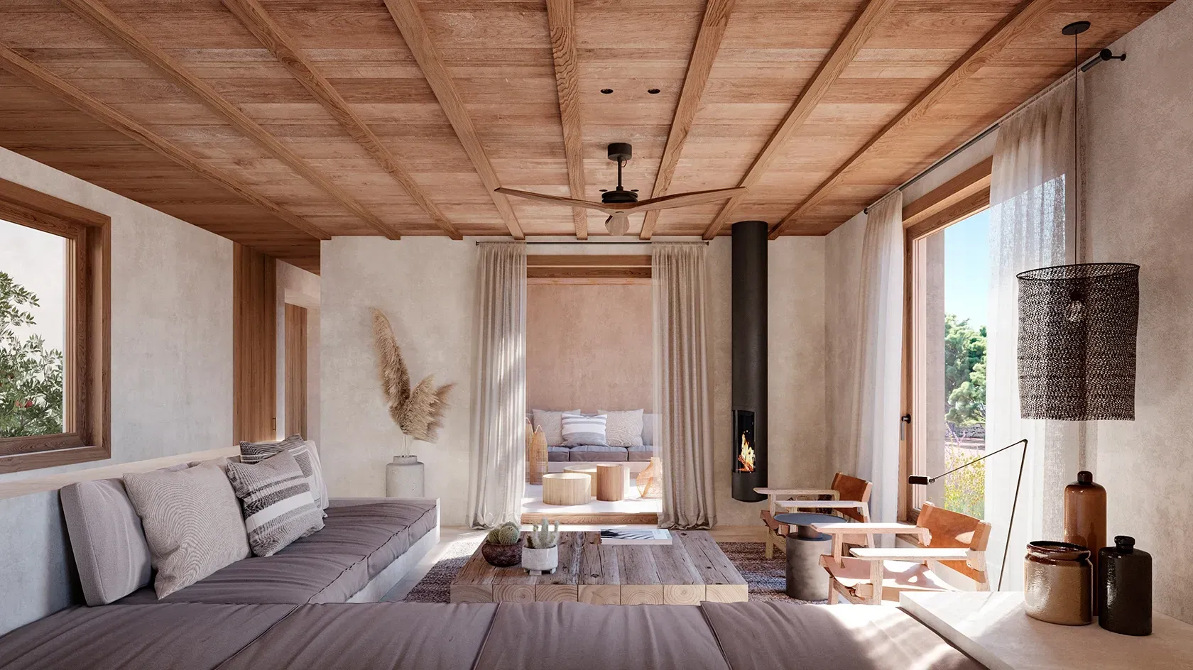 Warm-toned interior with built-in seating, fireplace, and wood ceilings opening to lush exterior views.