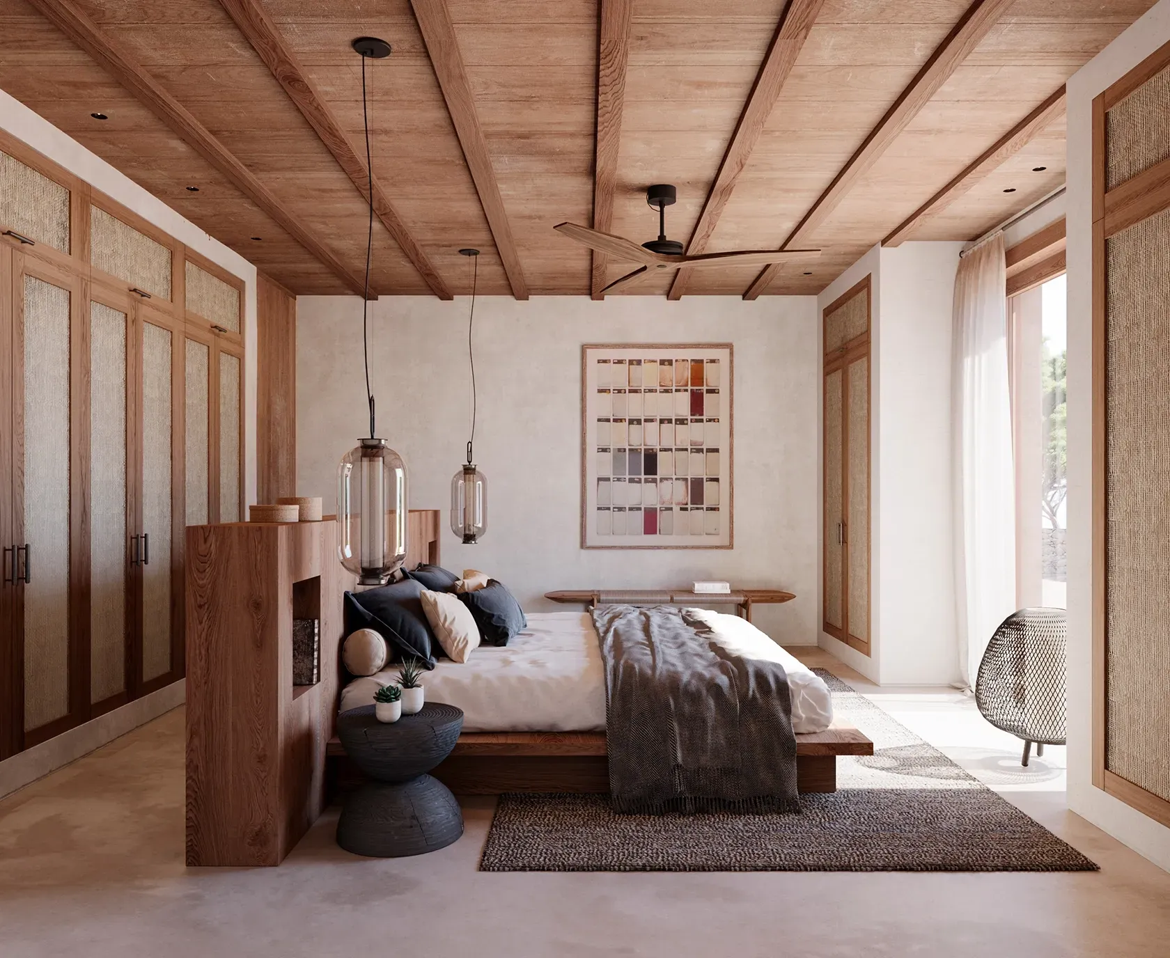 Bright bedroom featuring a low platform bed, custom wood finishes, and natural fiber textures by LUV Studio.