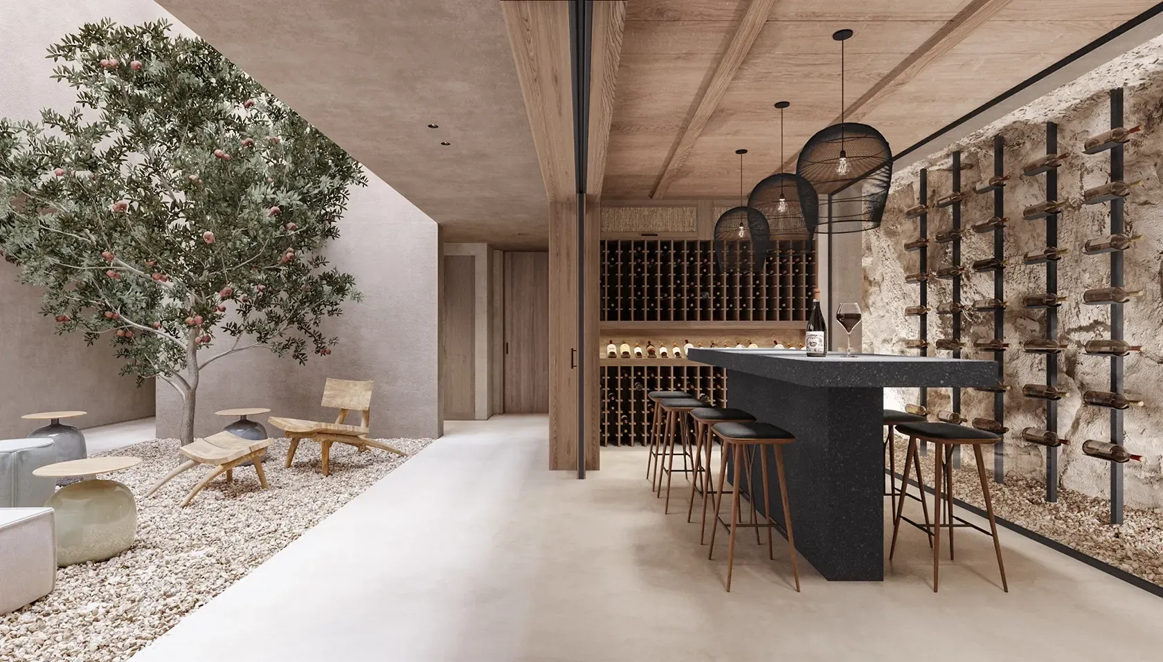 Contemporary wine cellar with exposed stone wall, bar seating, and a pomegranate tree in the inner patio.