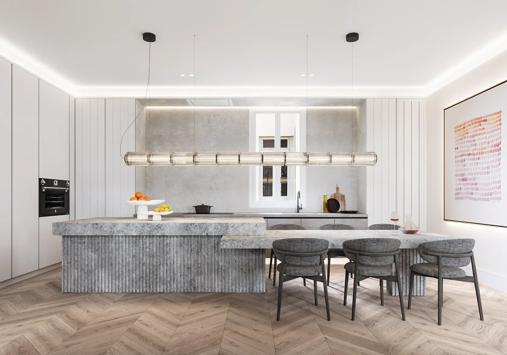 Contemporary kitchen with sculptural grey stone island, minimalist lighting, and elegant dining setup over warm wood herringbone flooring.