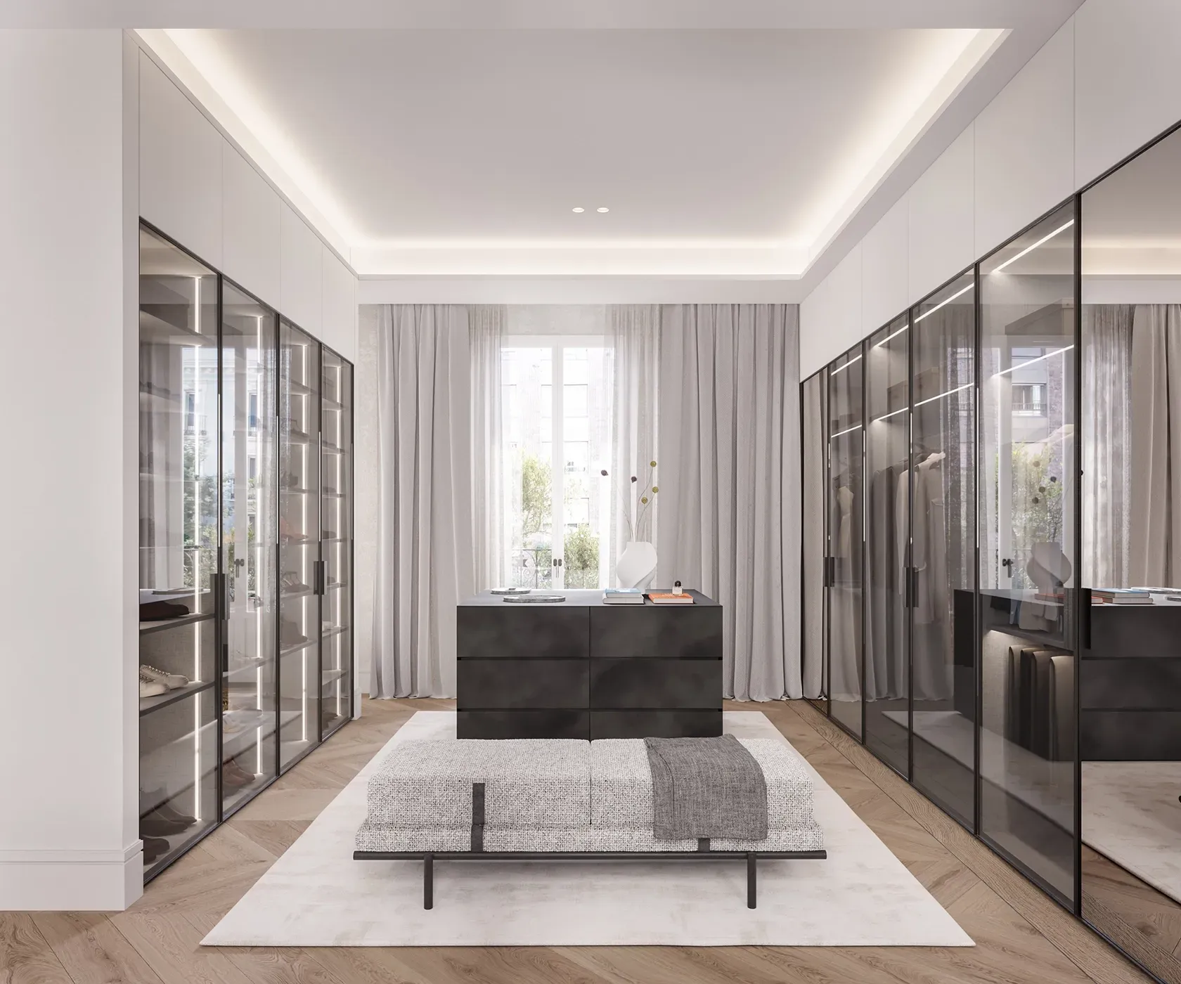 Luxury walk-in closet with glass wardrobes, central island, and soft natural light filtering through sheer curtains in a refined neutral palette.