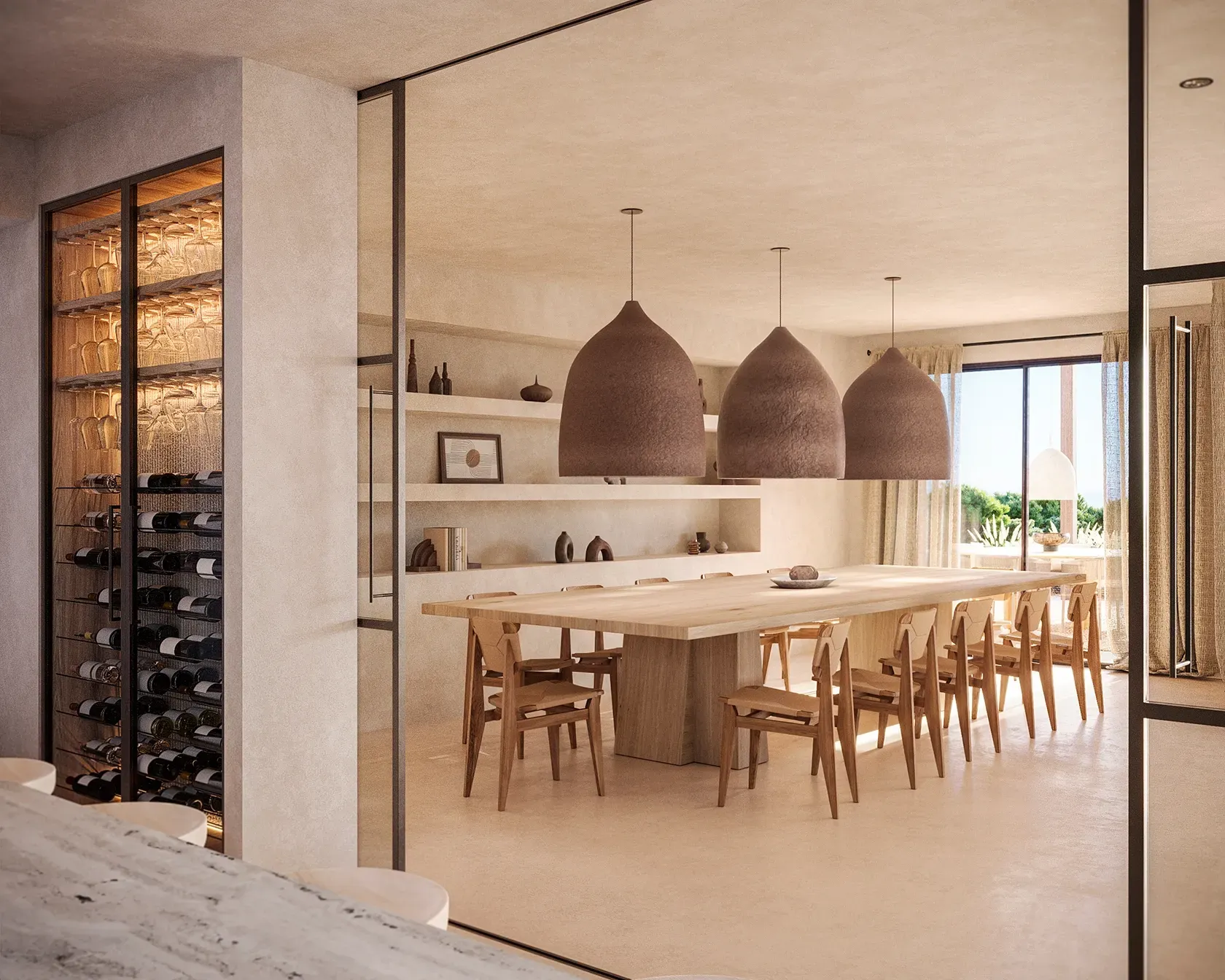 Warm-toned dining room with a large wooden table, designer pendant lights, and built-in wine storage.