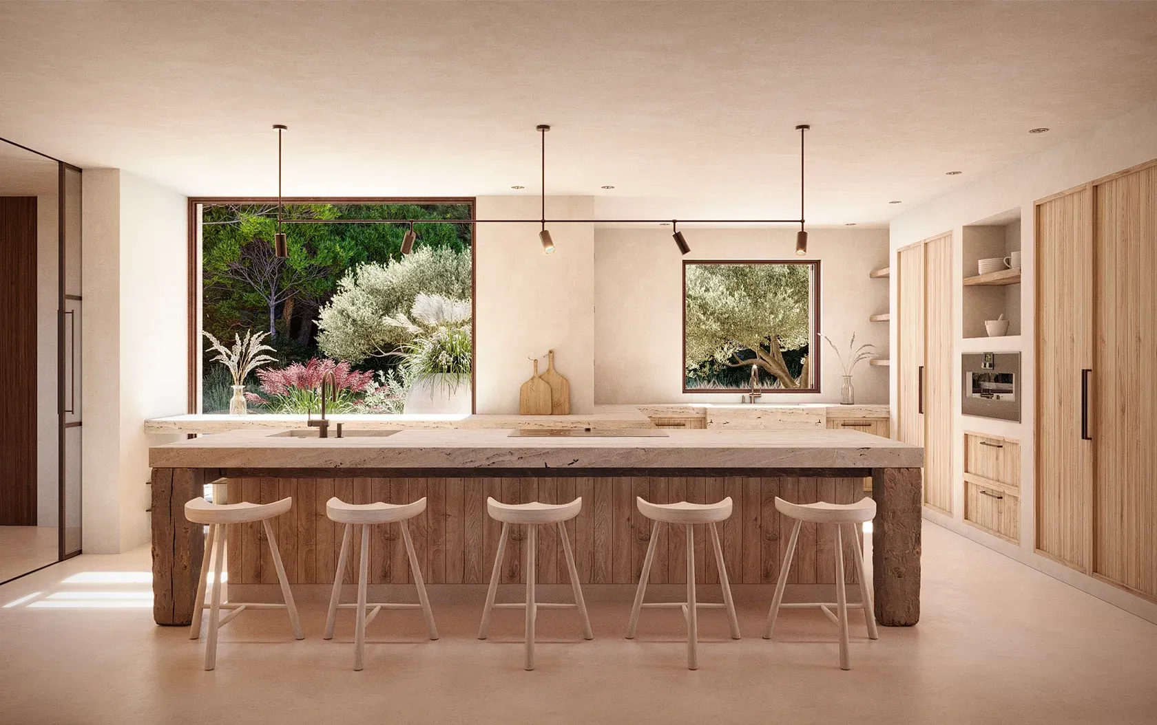 Rustic-inspired kitchen featuring wood cabinetry, a central island, and scenic views through large windows.