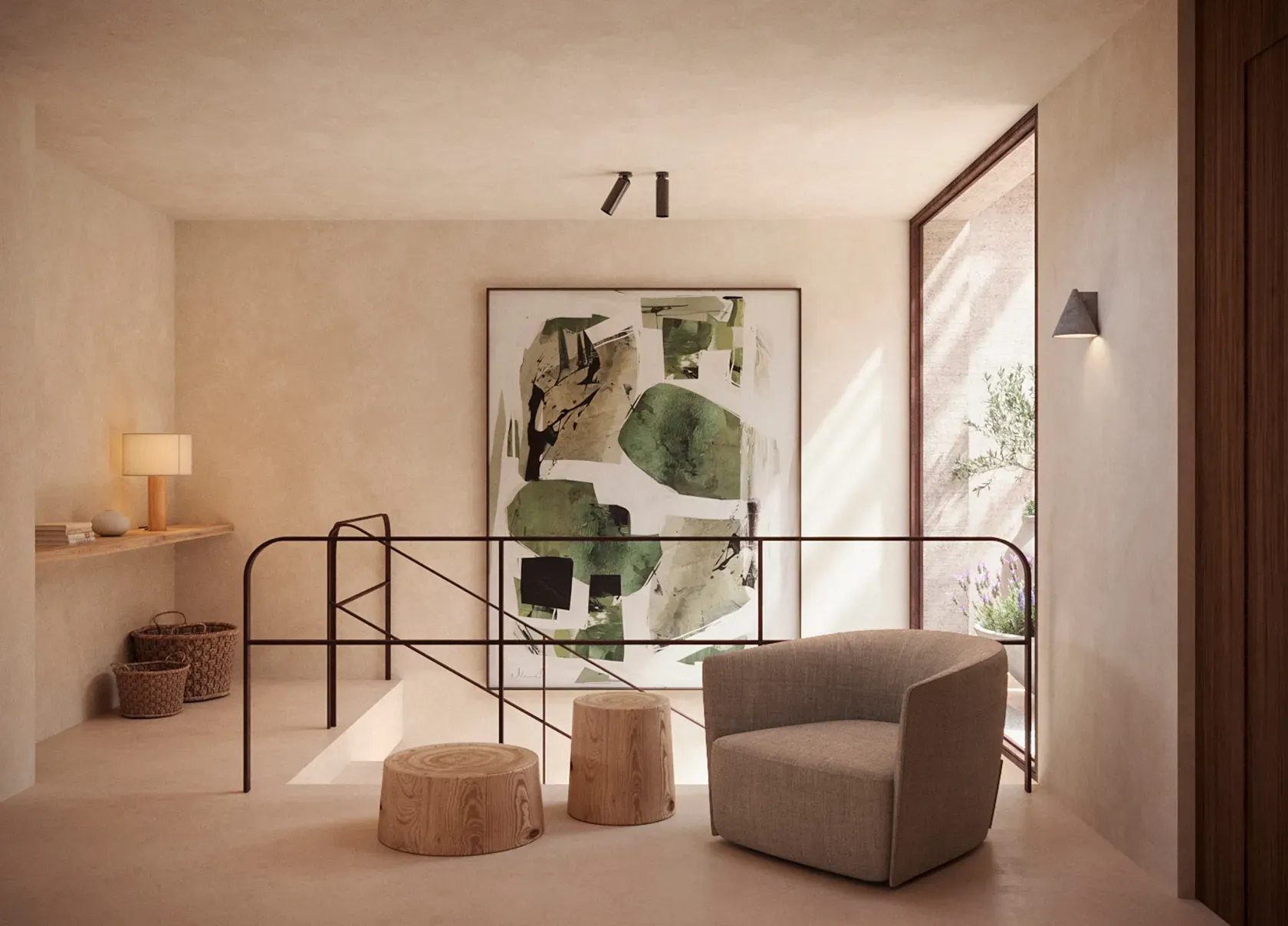 Charming interior stairwell with warm lighting, abstract green artwork, and natural wood accents.
