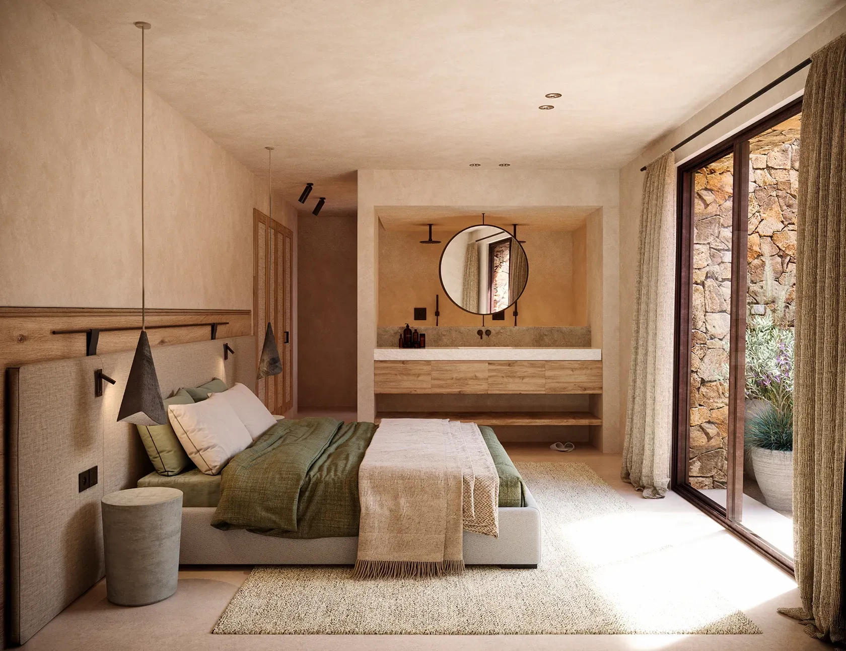 Sleek bedroom suite with integrated bathroom, soft linens, and access to a private stone patio.
