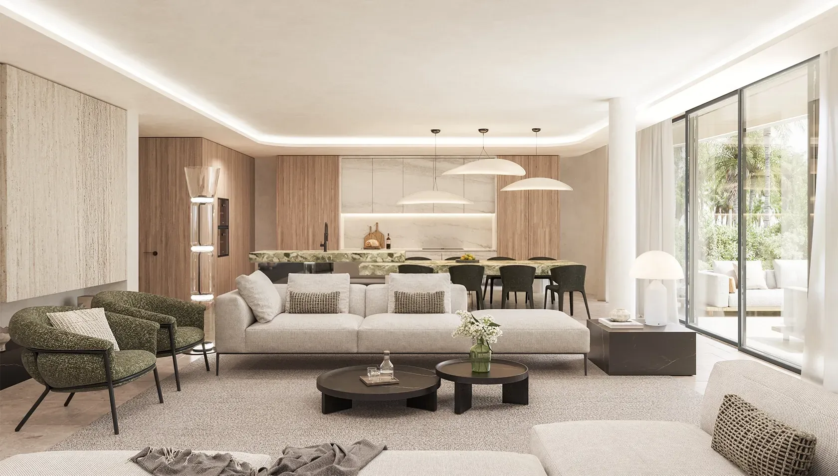 Elegant open-plan living and dining area with neutral tones and a green marble kitchen island.
