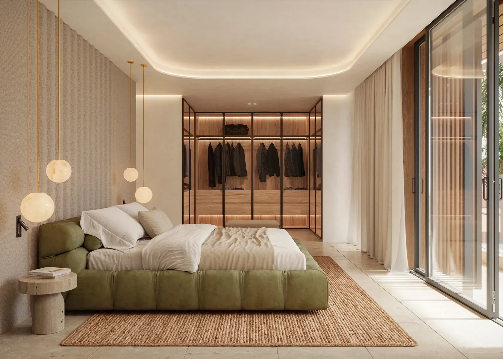 Master bedroom with green velvet bed, glass walk-in closet and warm ambient lighting.
