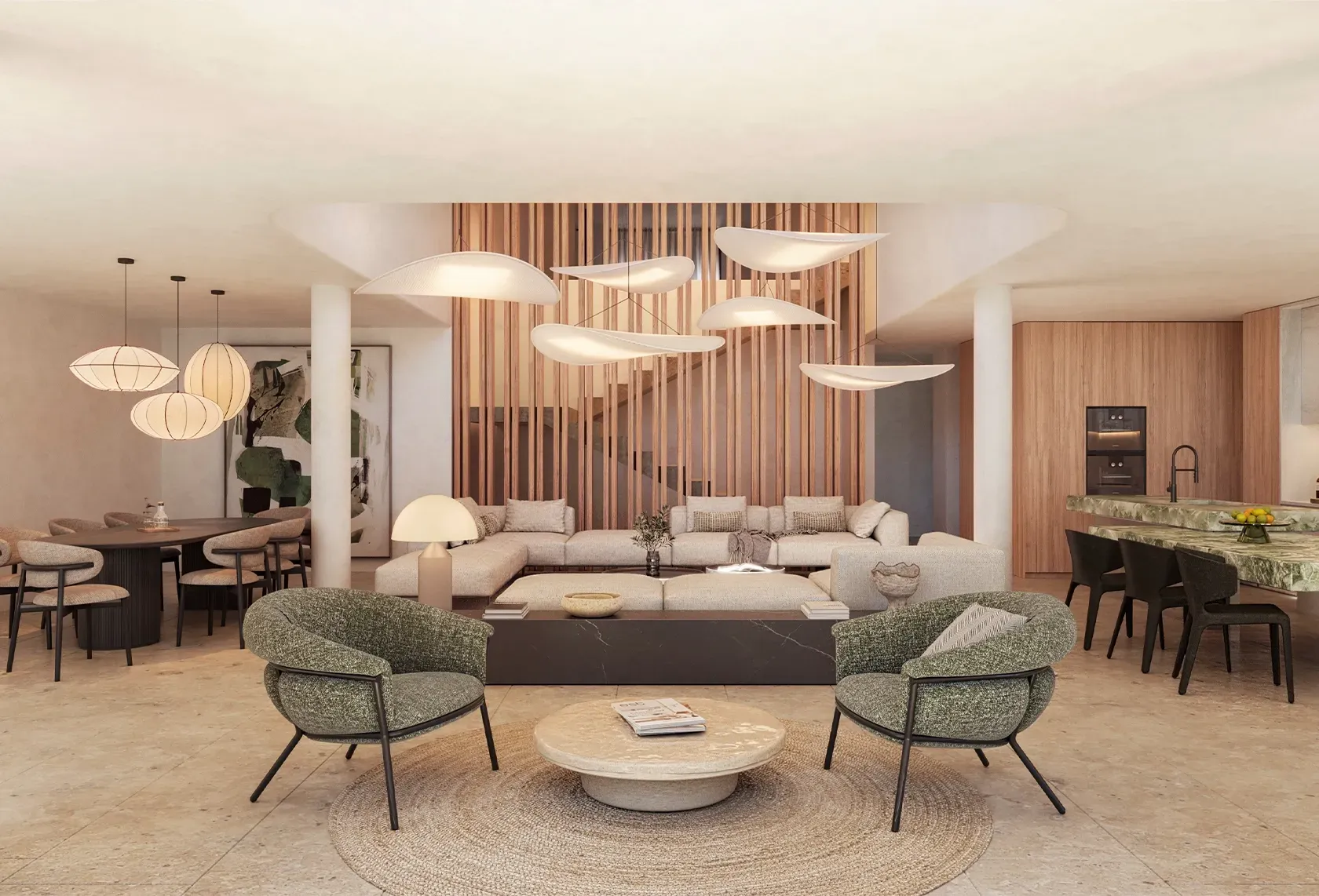 Spacious duplex living area featuring sculptural lighting, wood accents and green marble kitchen island by LUV Studio.