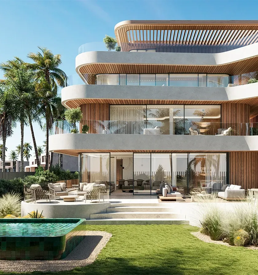 Lush private garden with stylish outdoor seating and layered terraces at a luxury residence by LUV Studio.