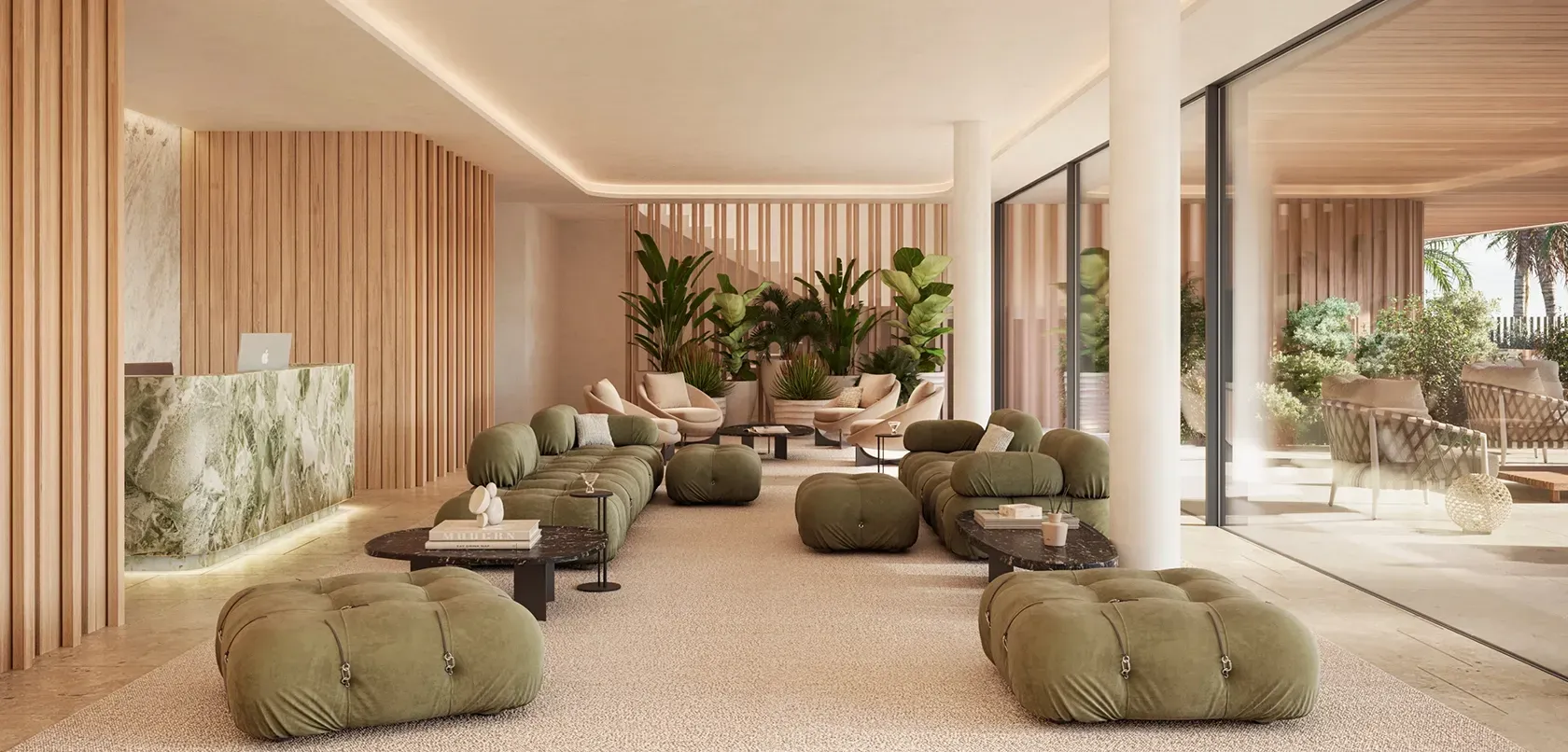 Modern reception lounge with green marble desk, olive-toned furniture and tropical plants in a luxury residential lobby.