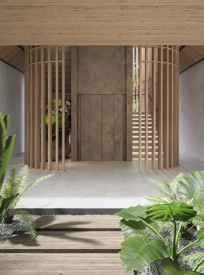 Luxury elevator lobby with tropical wood paneling and minimalist lines, blending elegance and modern architecture in Punta Cana residence.