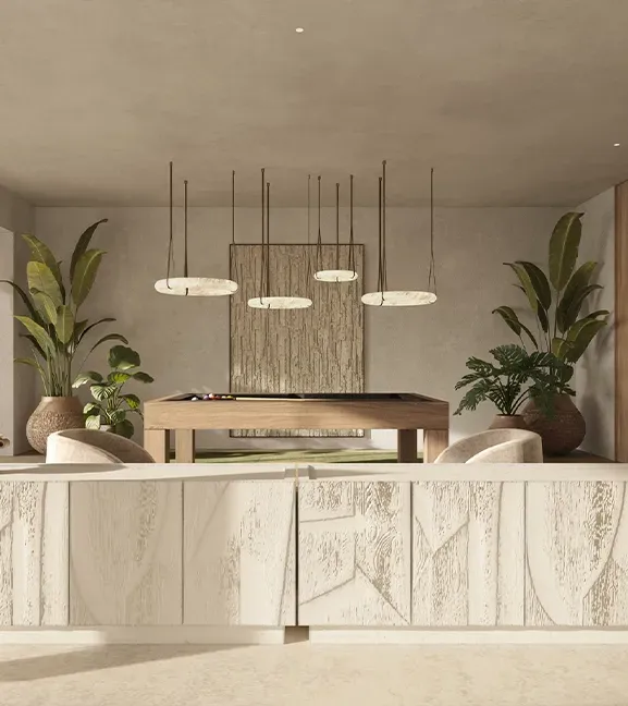 Elegant luxury bar area with dark tones, ambient lighting, and high-end finishes, designed for refined entertainment in tropical Punta Cana architecture.