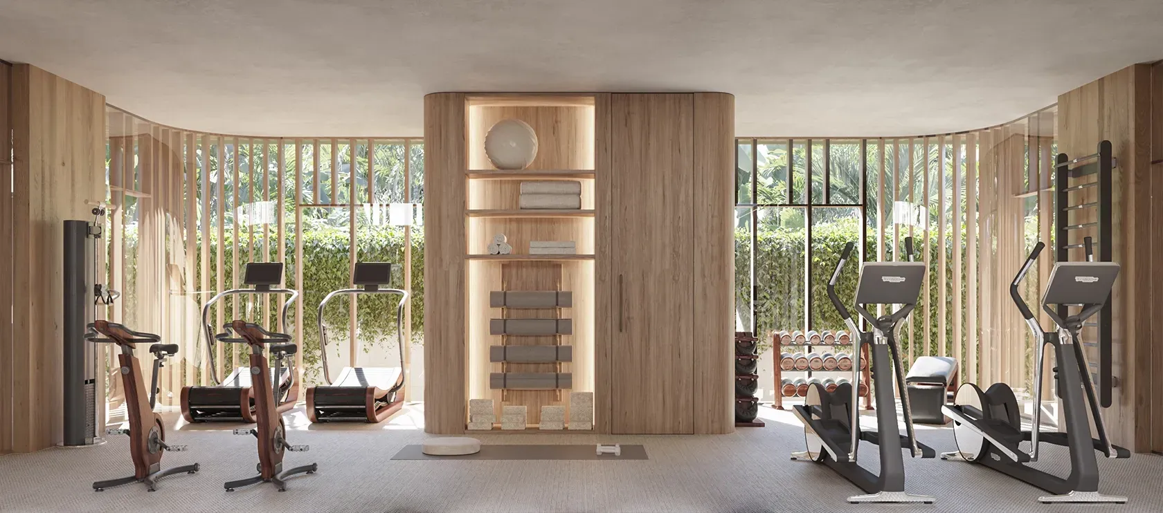 Spacious home gym with wood slat walls, full-length mirror, and curated equipment, designed for wellness in a luxury Punta Cana villa.