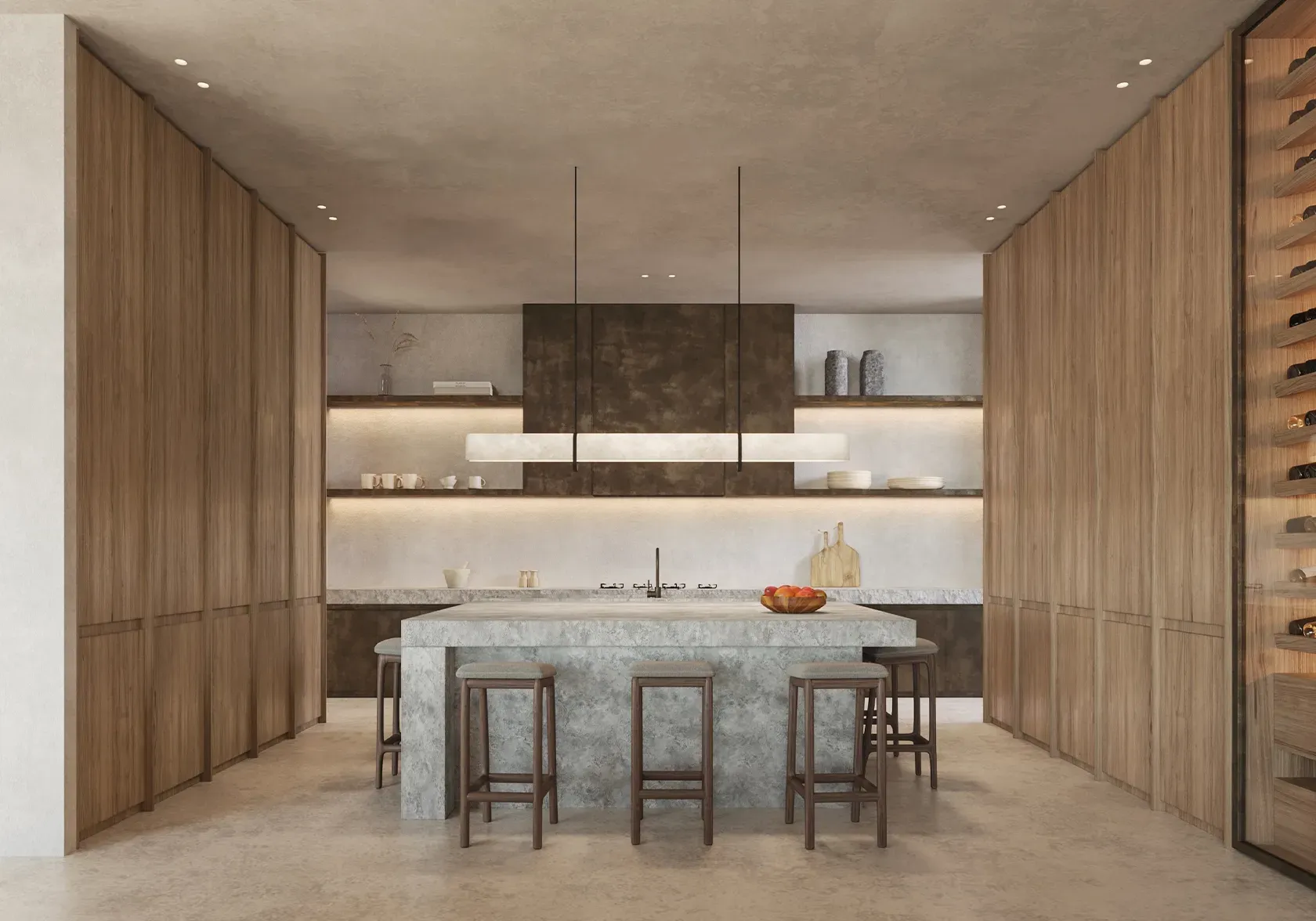 Open luxury kitchen with marble island, custom wood cabinetry, and tropical views, blending sophistication and comfort in Punta Cana.