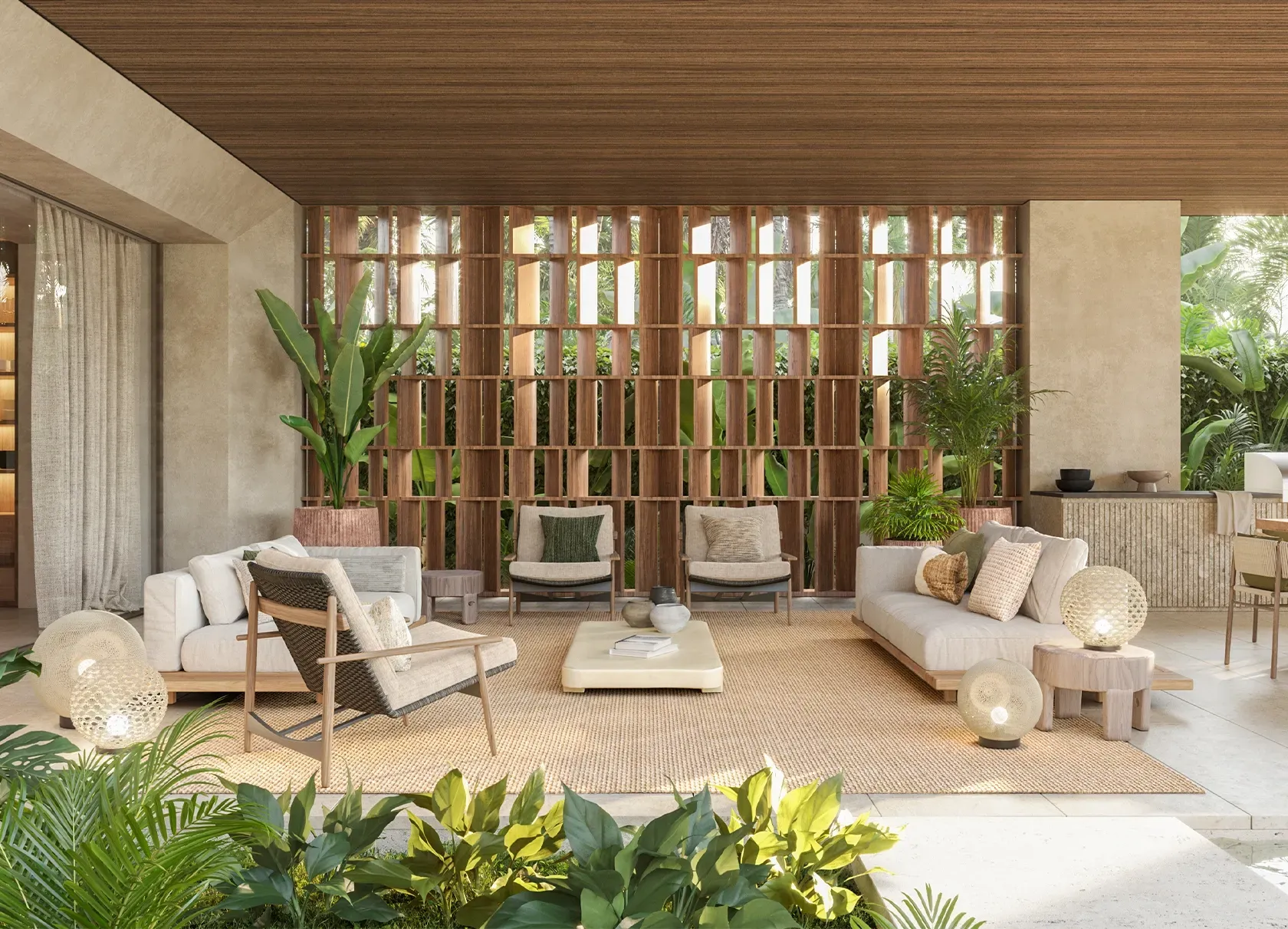 Cozy lounge area with tropical garden backdrop and woven lighting in Punta Cana luxury architecture.