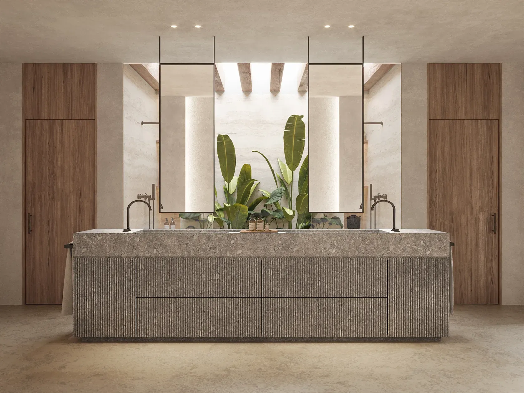 Modern double sink bathroom with stone finishes and tropical garden patio in luxury Punta Cana home.