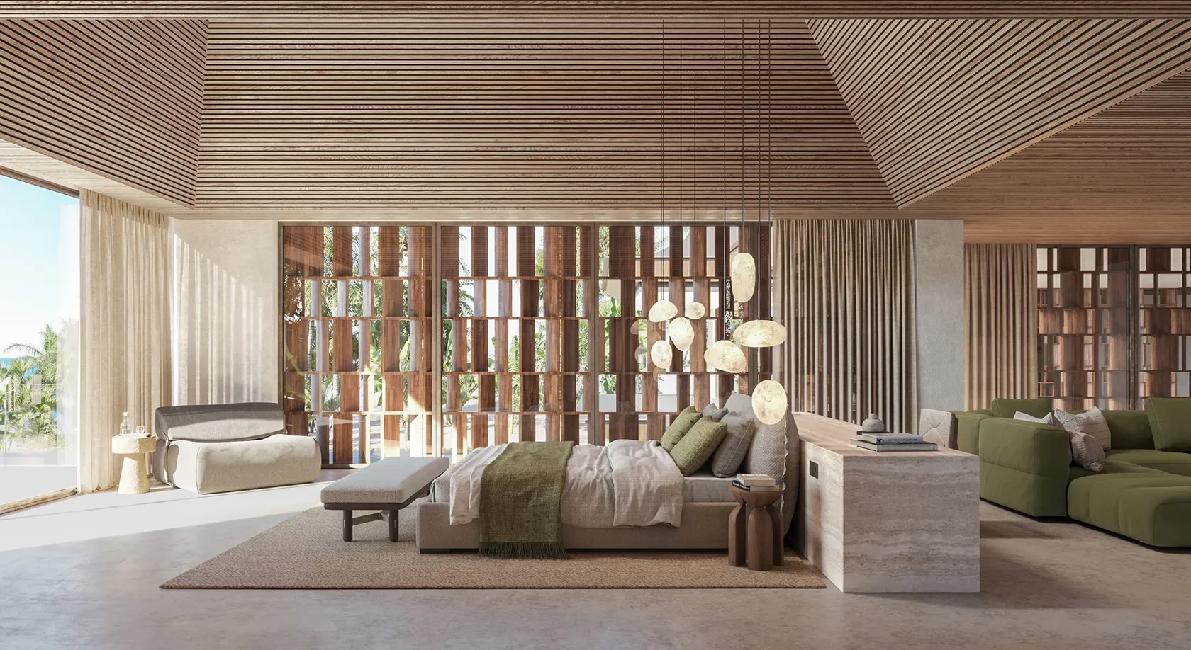 Spacious master bedroom with wooden slat ceiling, earthy tones, and sea view in Punta Cana luxury villa.
