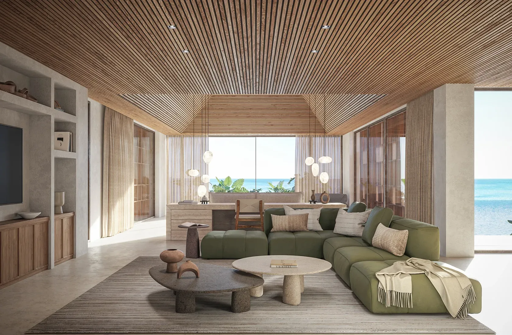 Elegant living room with green sofa, wooden ceiling, and sea views in luxury Punta Cana residence.