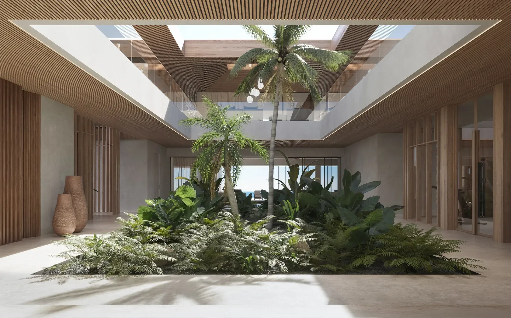 Interior courtyard with tropical garden and skylight, blending luxury architecture and nature in Punta Cana villa.