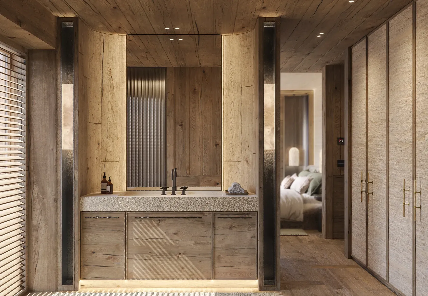 Rustic luxury bathroom with wood-paneled walls, stone vanity, and architectural lighting details.