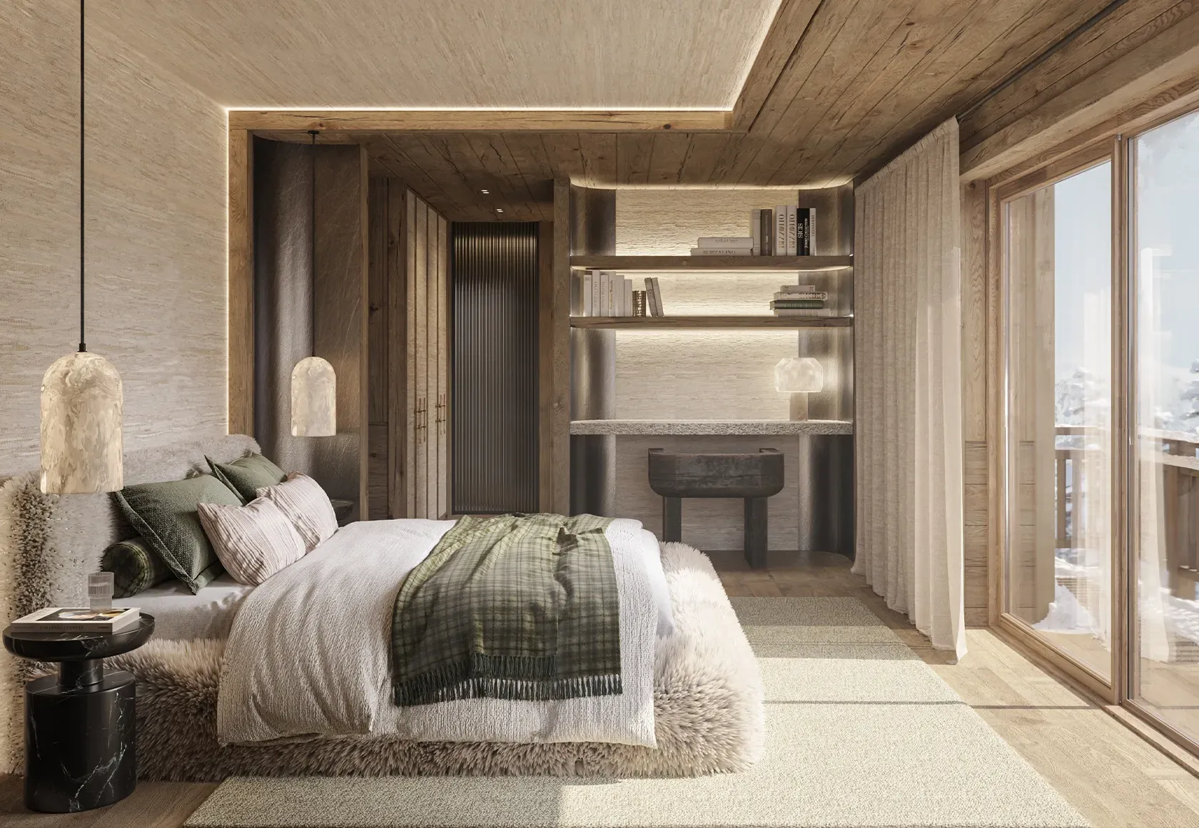 Cozy bedroom with textured walls, natural wood ceiling, and luxury finishes blending comfort and architecture.