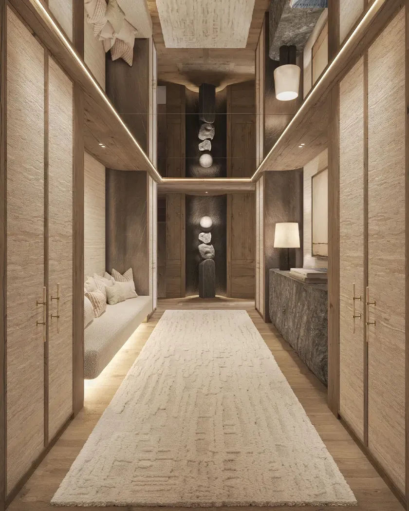 Refined hallway with layered textures, warm lighting, and sculptural details in a luxury architectural setting.