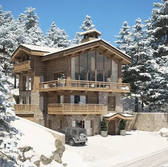 Wood and stone chalet surrounded by snowy forest, showcasing luxury alpine architecture and panoramic windows.
