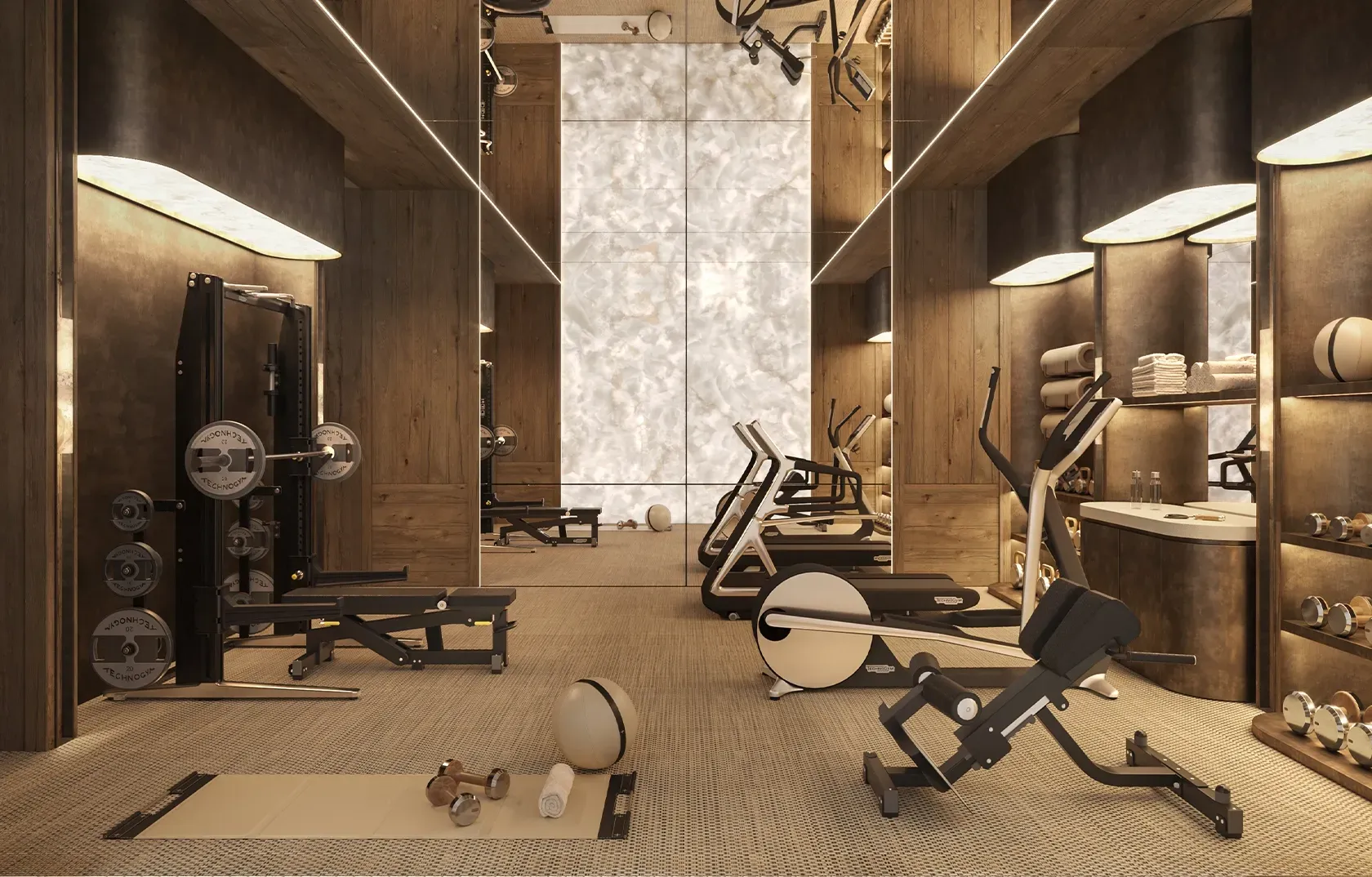 Luxury home gym with premium fitness equipment, warm lighting, and sophisticated architectural finishes.