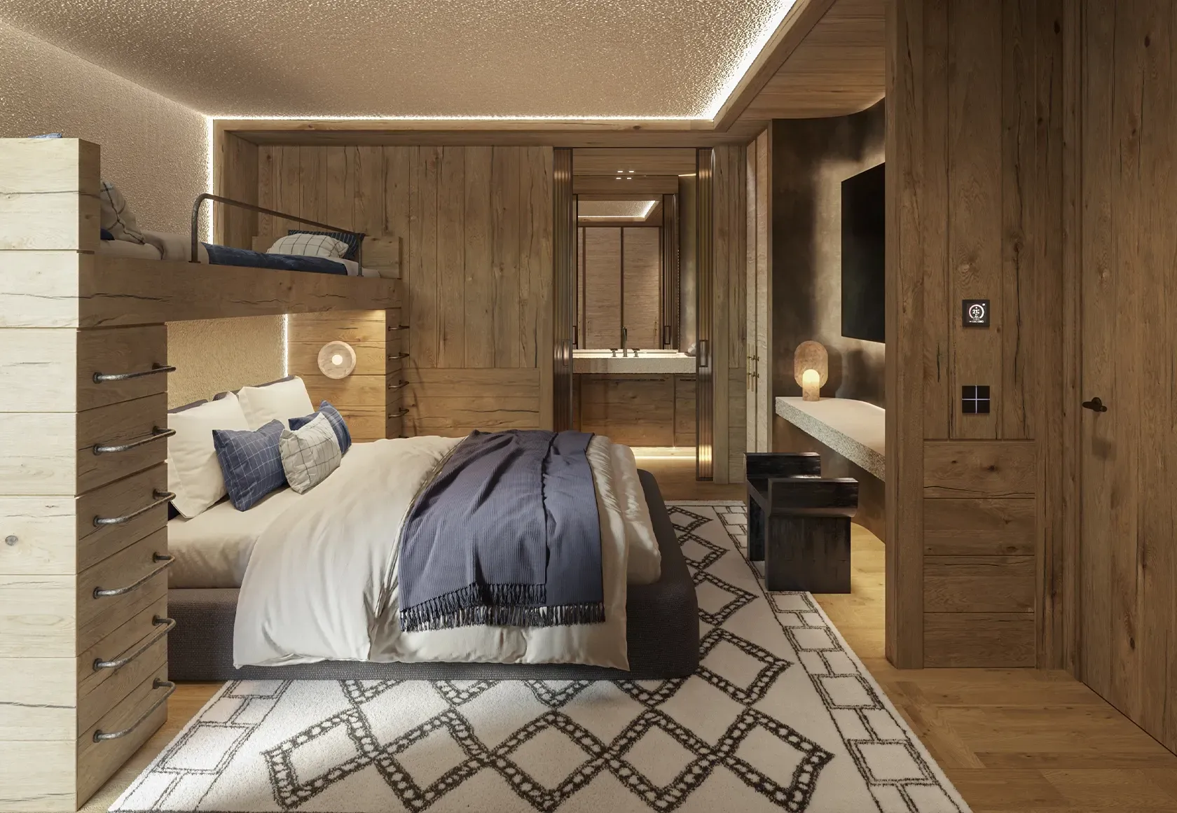 Warm and stylish kids’ bedroom with wooden bunk beds, soft lighting, and luxury interior architecture.