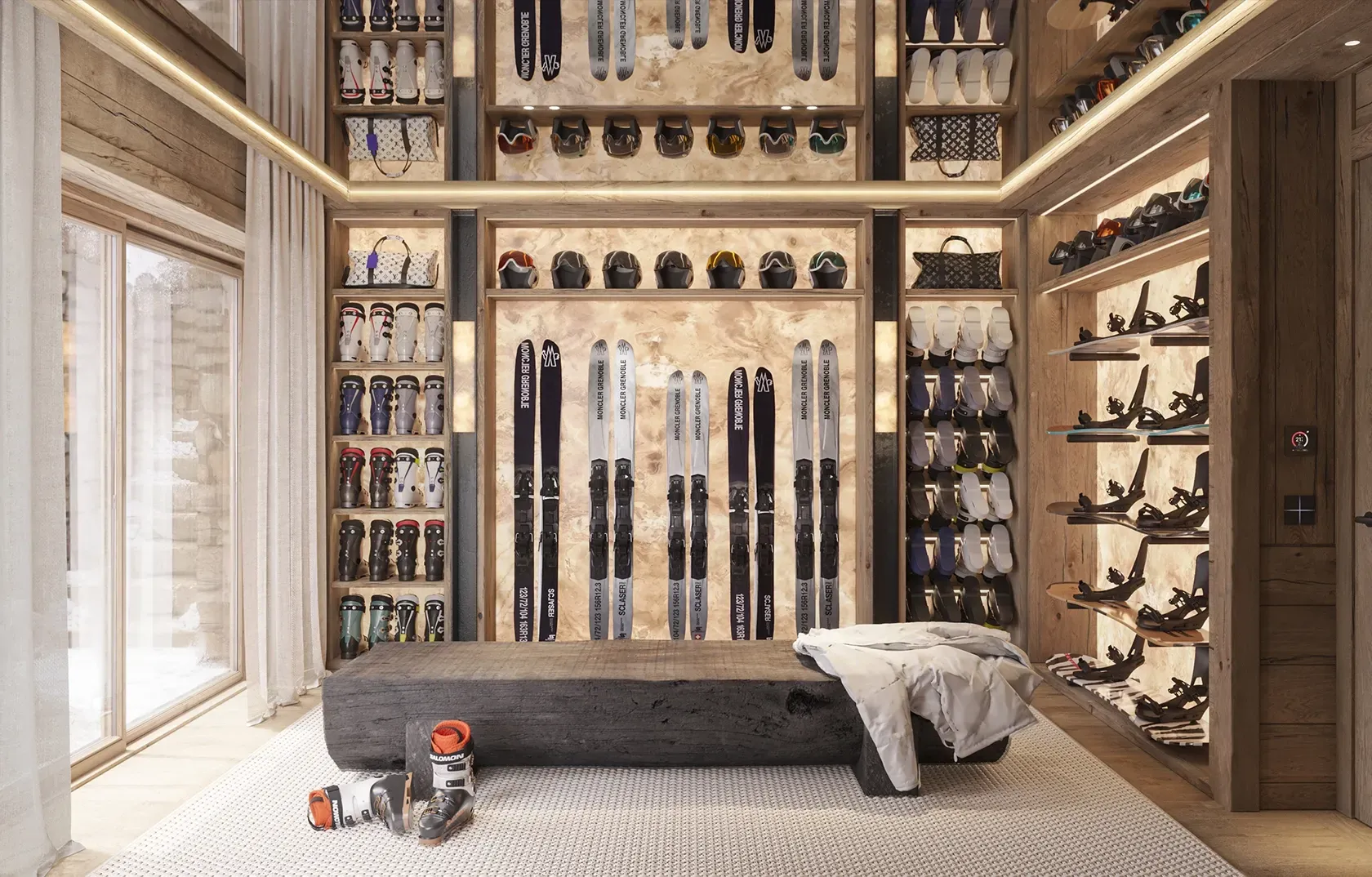 Luxury ski room with organized gear display, wood finishes, and ambient lighting designed for alpine living.