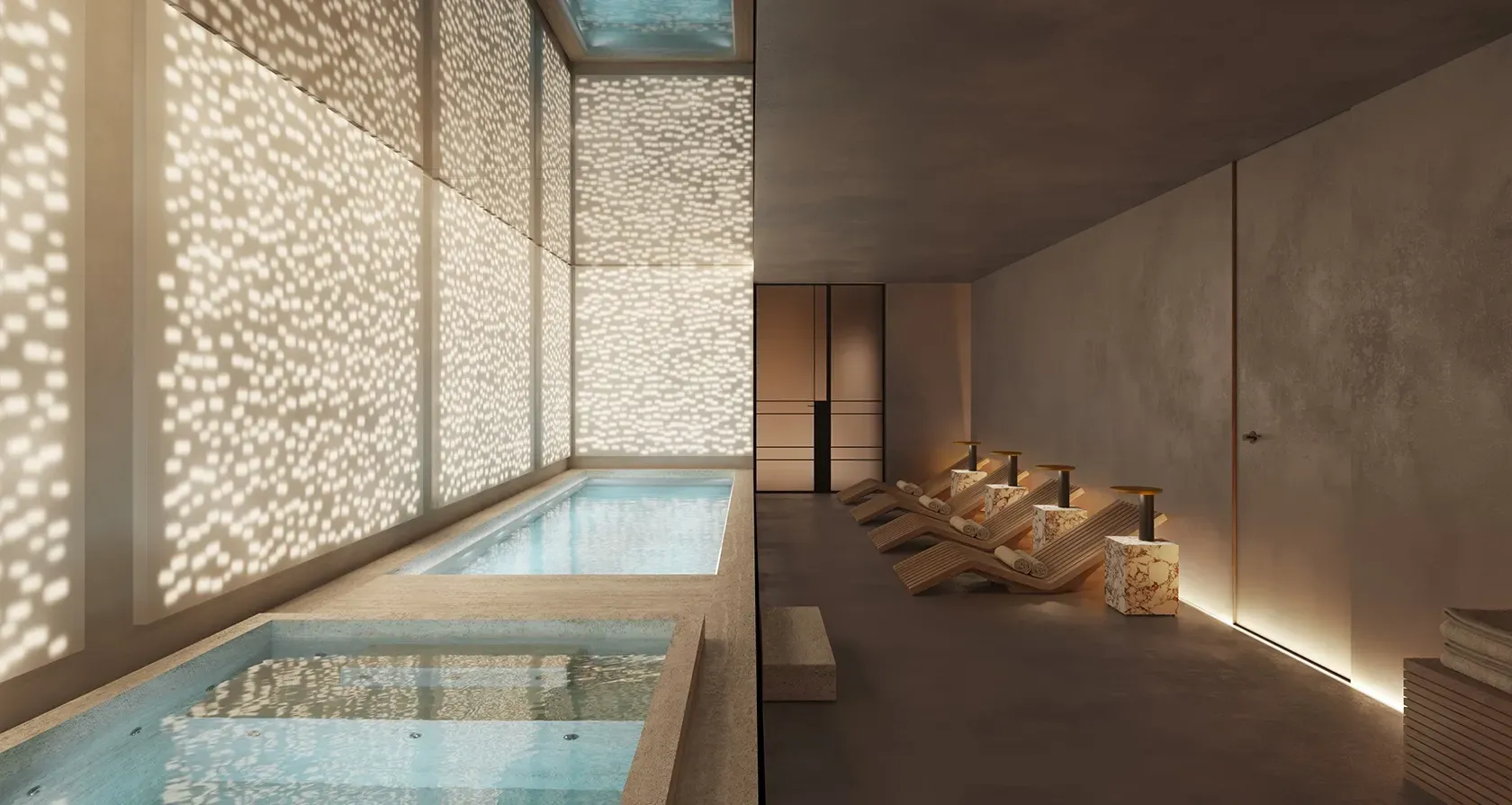 Luxury spa with serene indoor pool, textured light-filtering panels, and designer loungers in a minimalist, tranquil wellness setting.