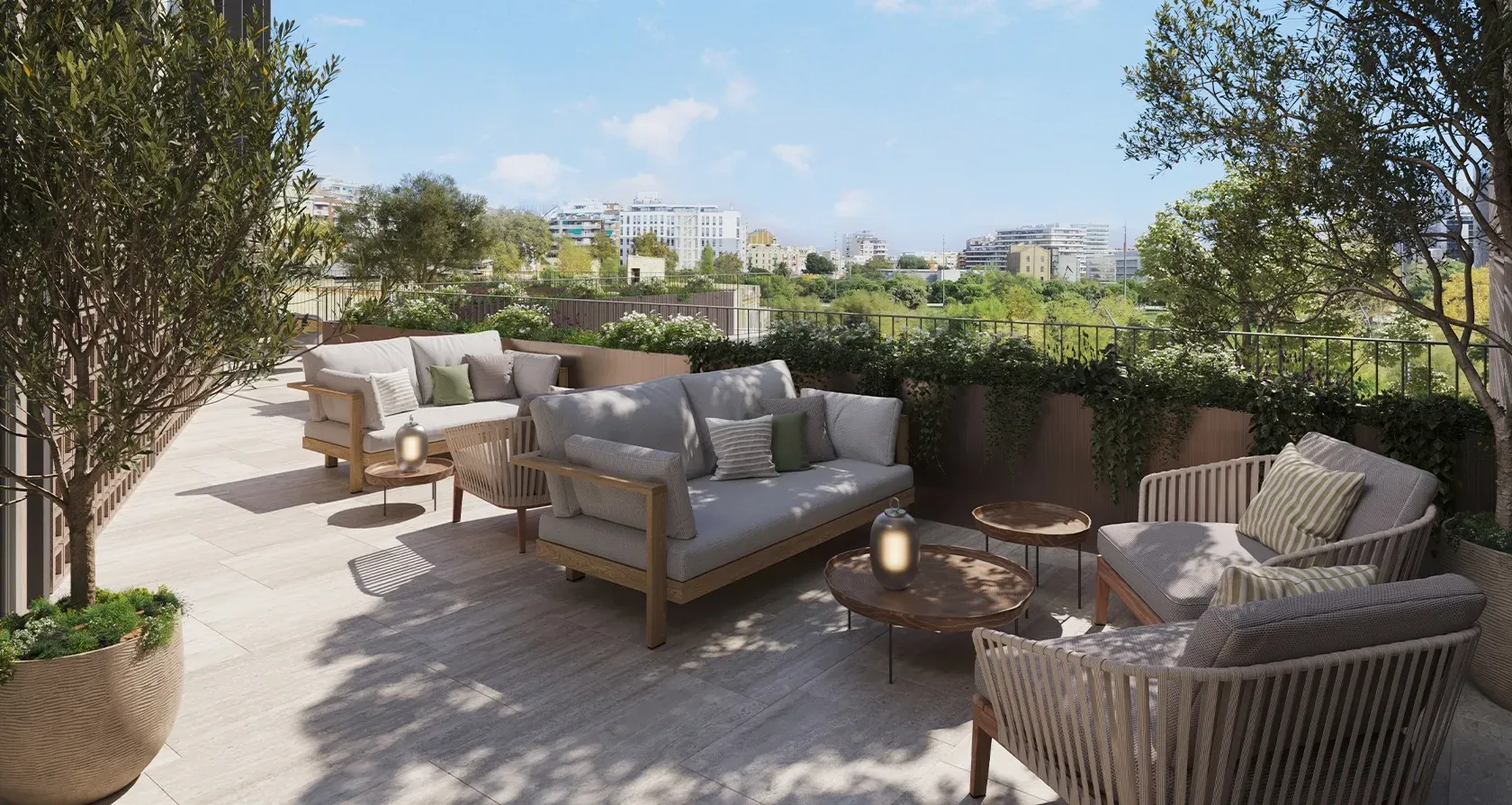 Private terrace with elegant outdoor sofas, lush landscaping, and tranquil city views, blending comfort and sophistication in a green setting.