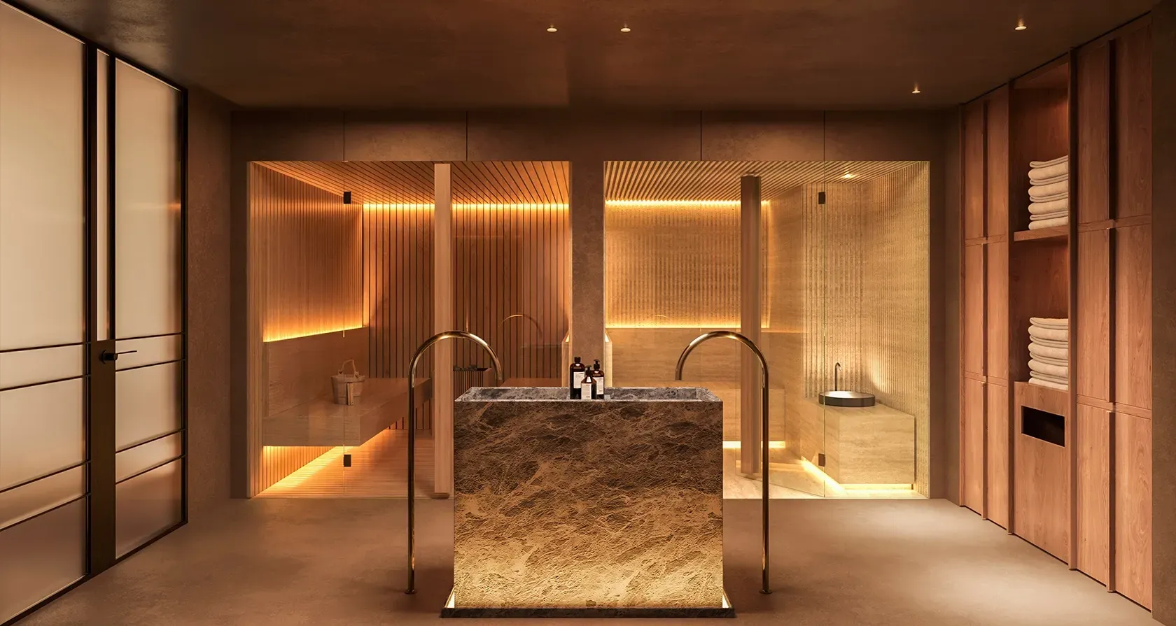 Luxurious spa and sauna area with warm lighting, elegant wood finishes, and a central marble wash basin offering a refined wellness retreat.