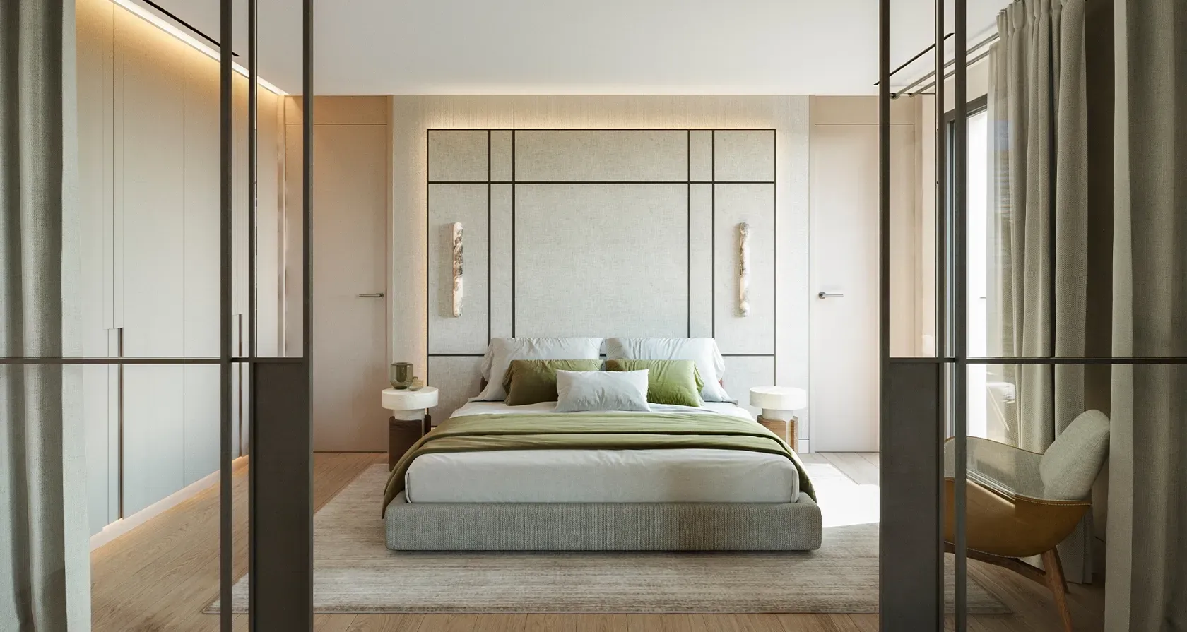 Refined master bedroom with modern design, soft lighting, neutral tones, and floor-to-ceiling curtains creating a peaceful and elegant retreat.