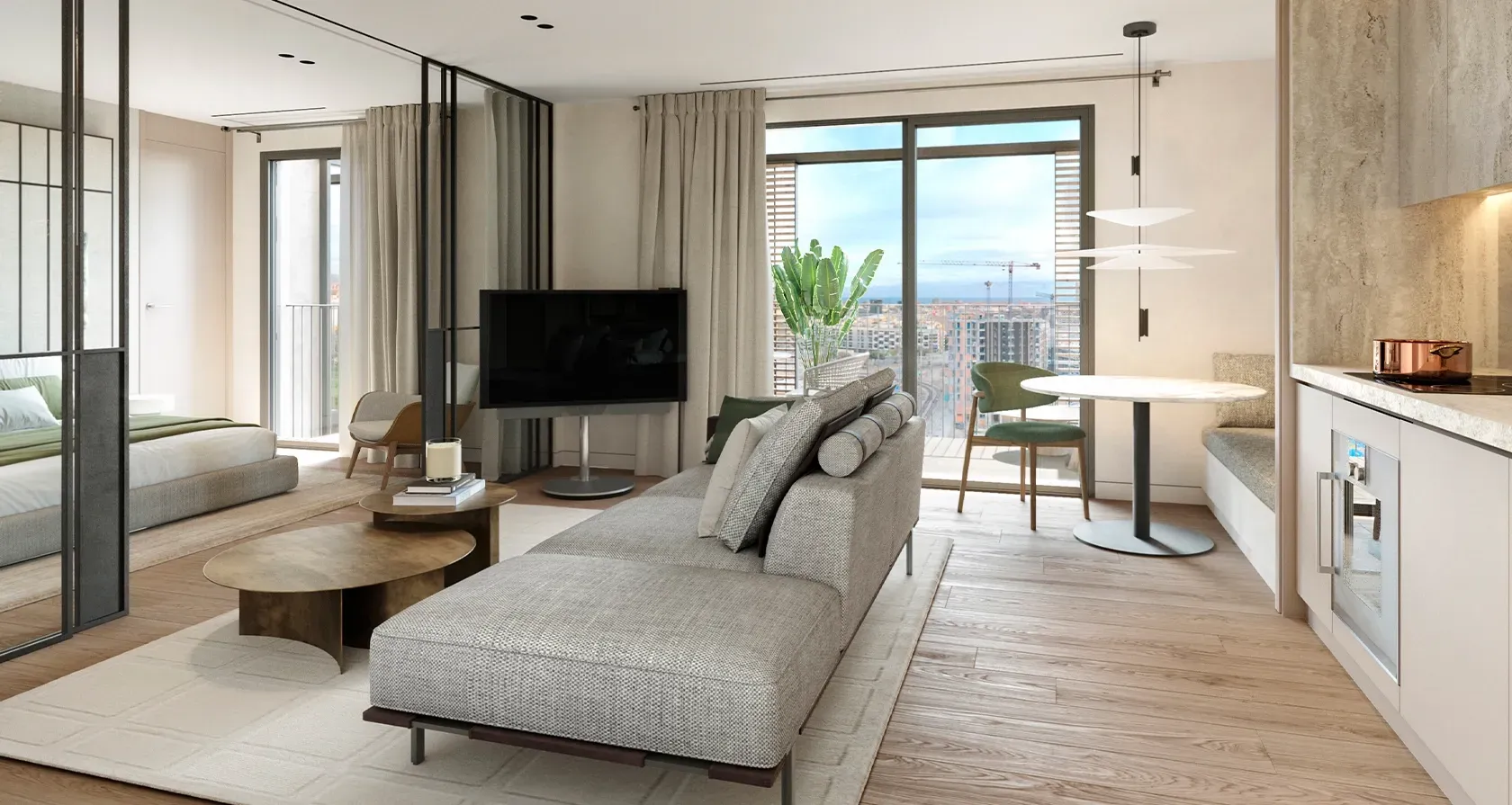 Bright, modern living area with elegant sofa, open kitchen, round dining table and balcony, offering panoramic views and minimalist sophistication.