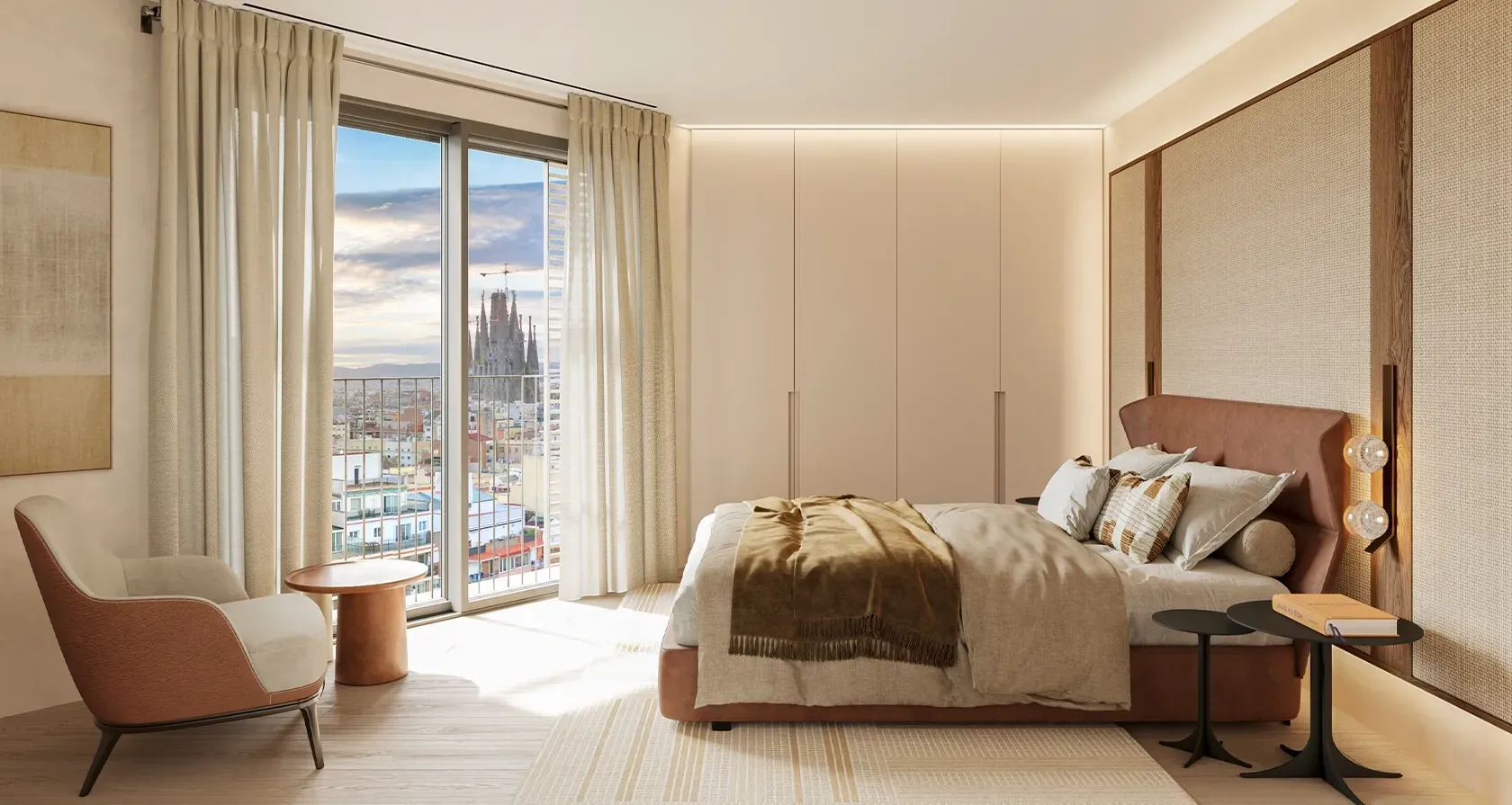 Elegant master bedroom with warm lighting, soft tones and city views of the Sagrada Família through full-height glass doors and curtains.