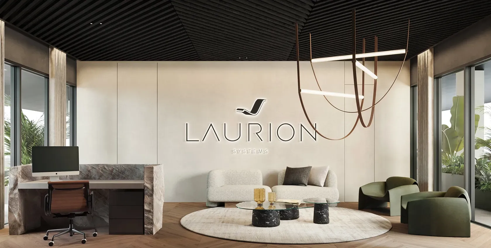 Minimalist reception lounge with sculptural lighting and Laurion Systems branding at LUV Studio Andorra office.