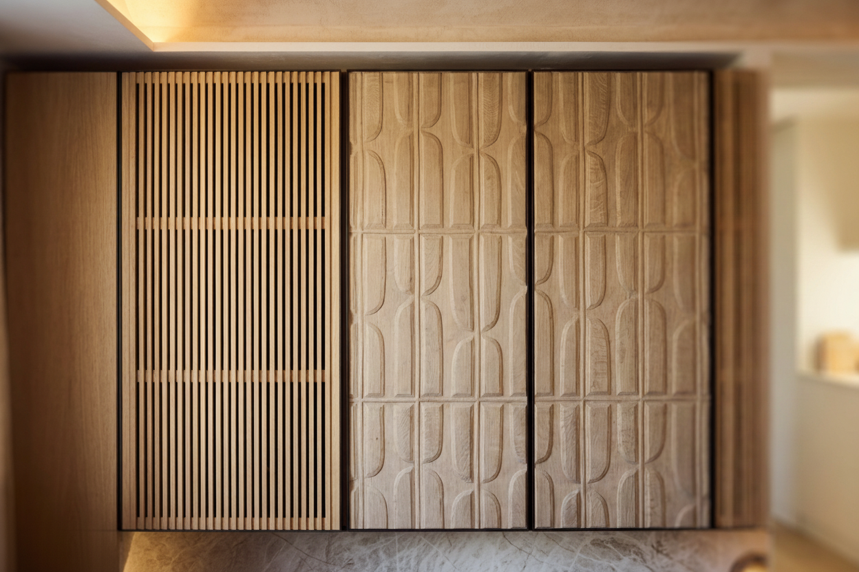 Decorative wood panels with geometric carving and integrated storage in modern interior design