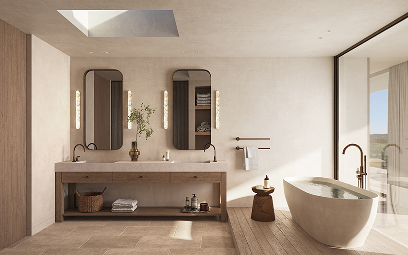 Main bathroom in a contemporary single-family home in Kent with freestanding bathtub and minimalist interior design