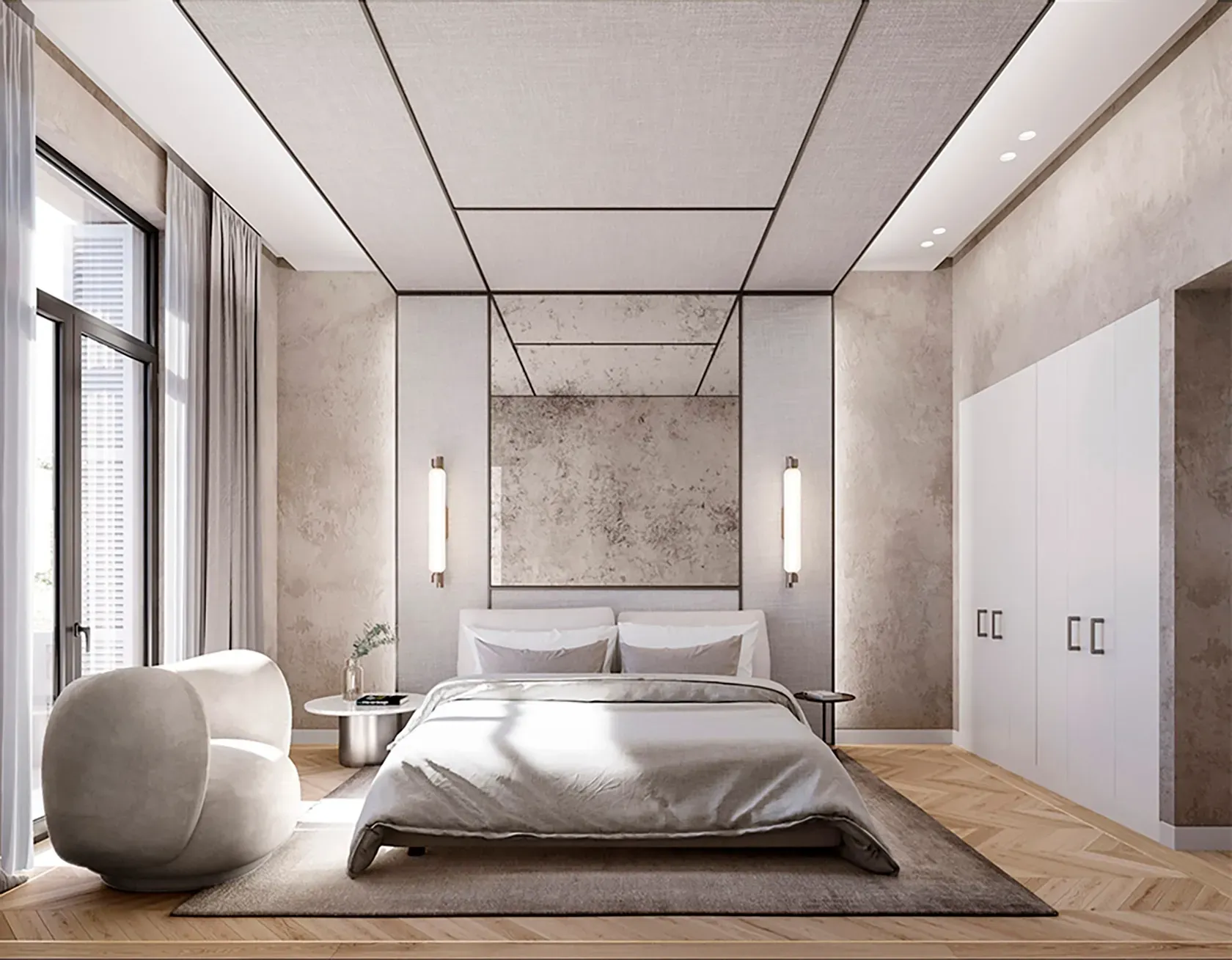 Minimalist bedroom with soft textures and modern lighting in a luxury architecture design.
