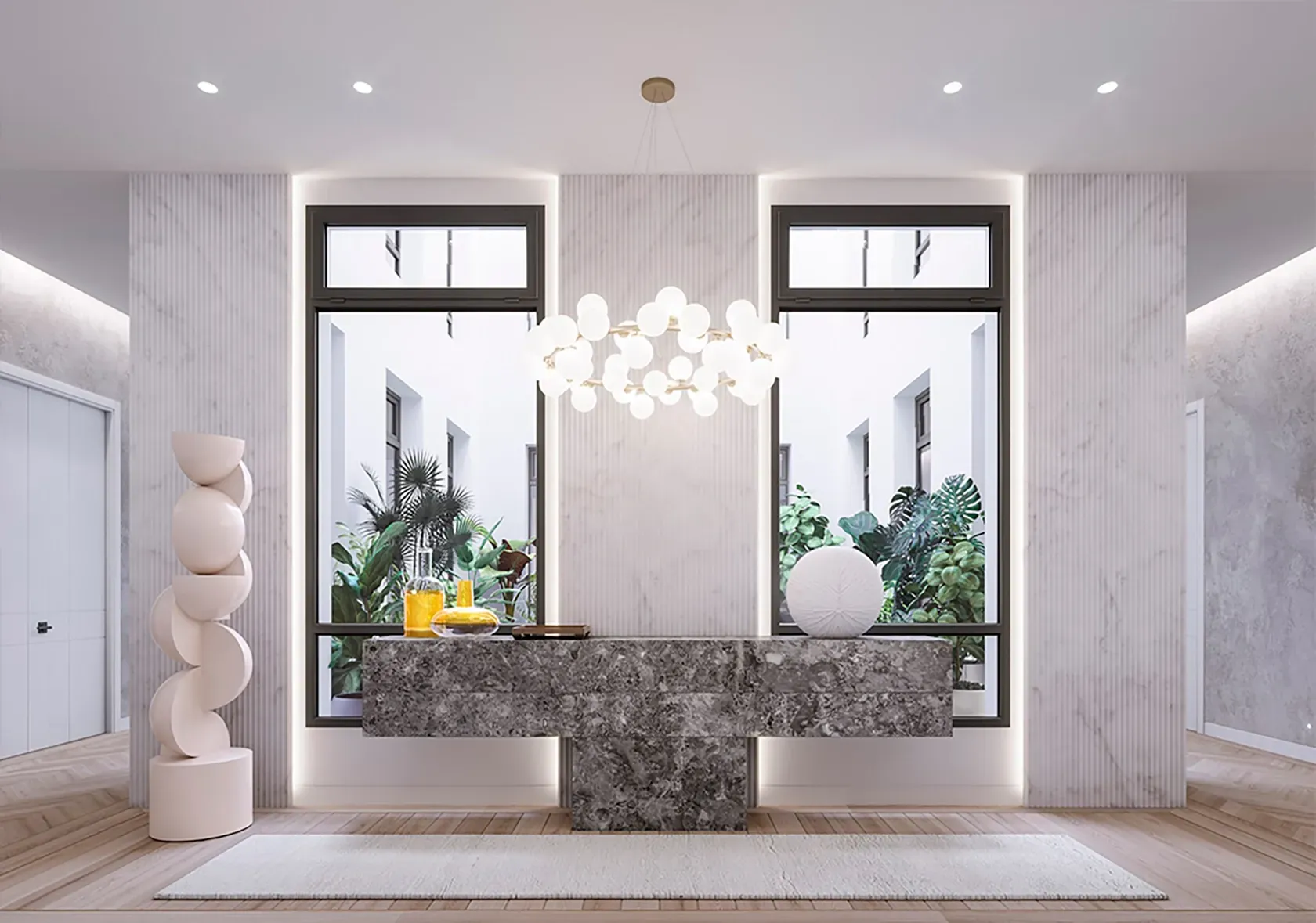 Bright hallway with sculptural decor and marble console in a luxury architectural space.