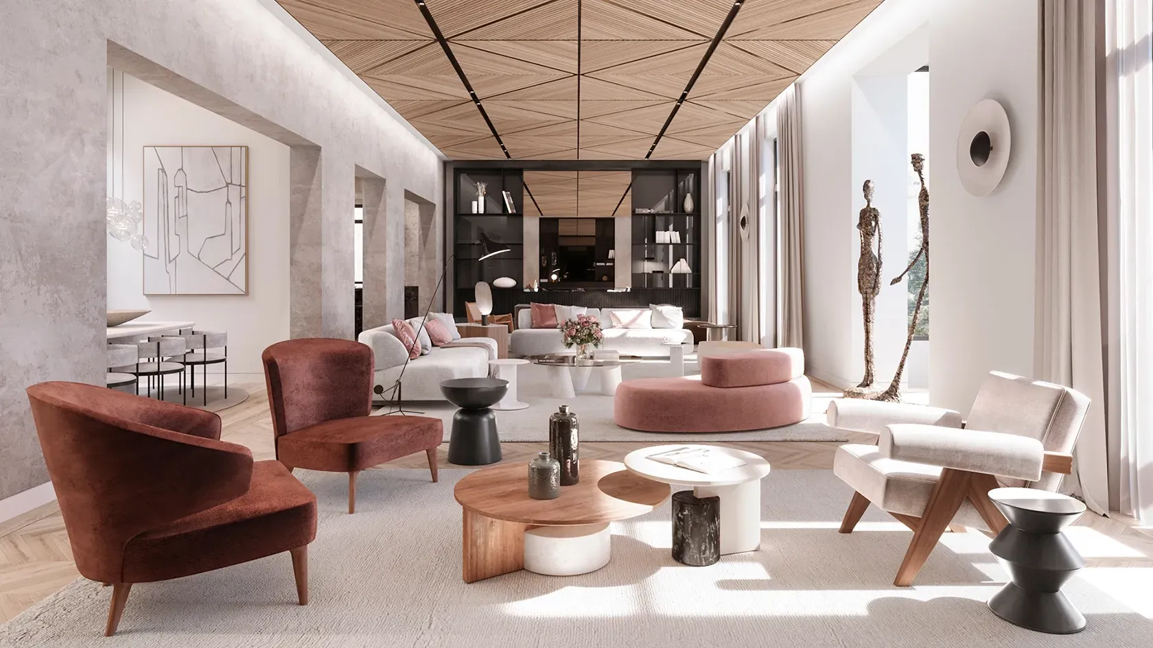 Spacious living room with sculptural furniture and wood ceiling showcasing luxury interior architecture.